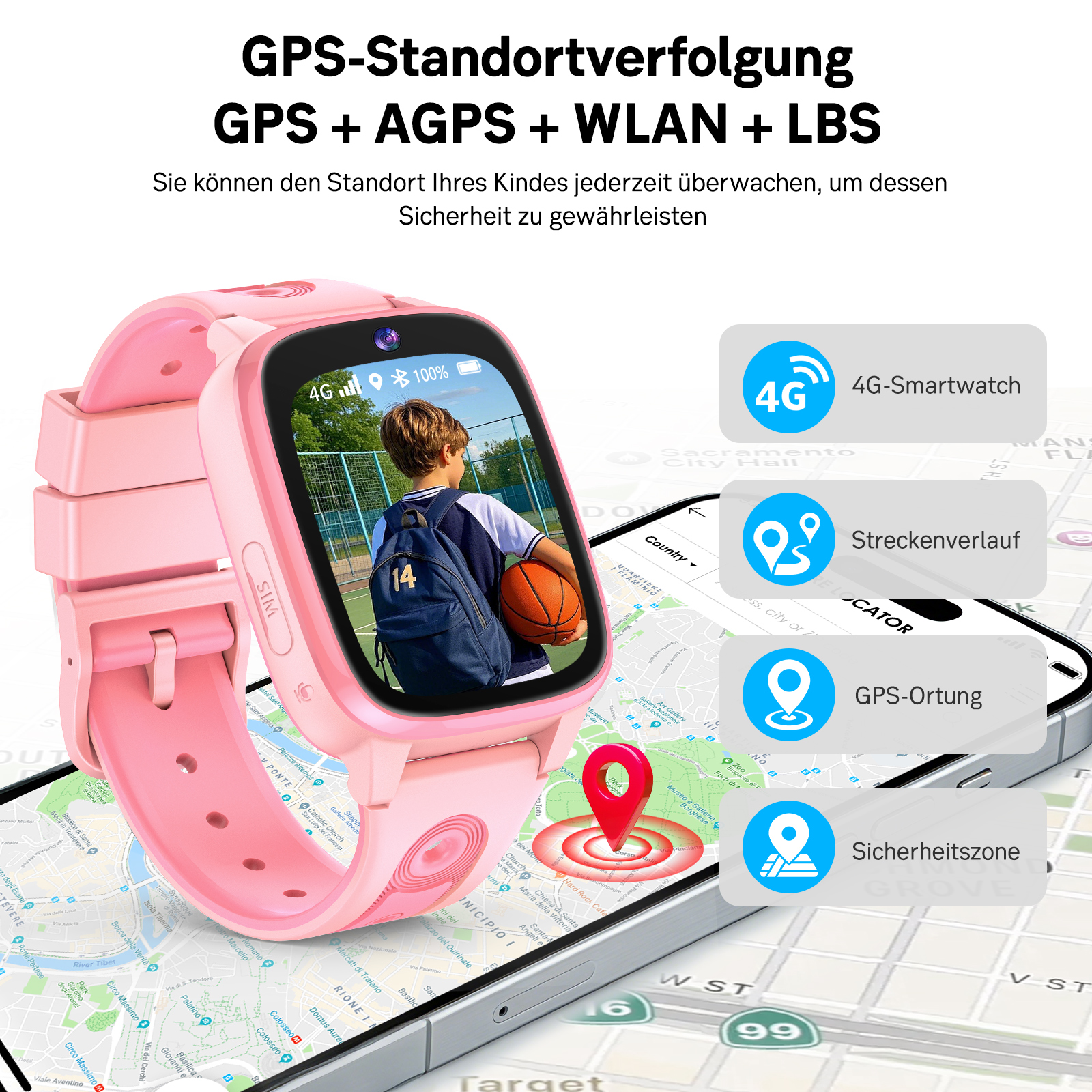 Eine rosafarbene 4G-Smartwatch für Kinder mit Karte und GPS-Funktionen.