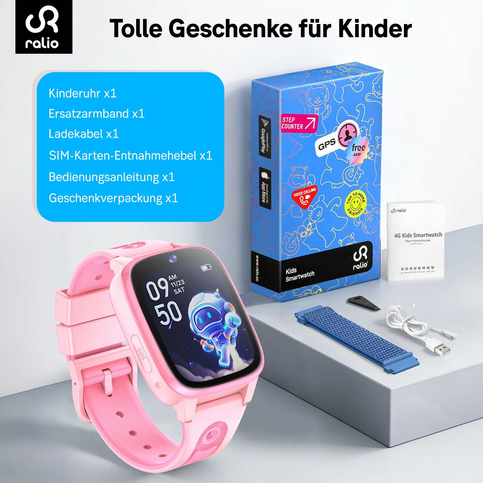 Rosa Kinder Smartwatch mit Zubehör und Geschenkbox.