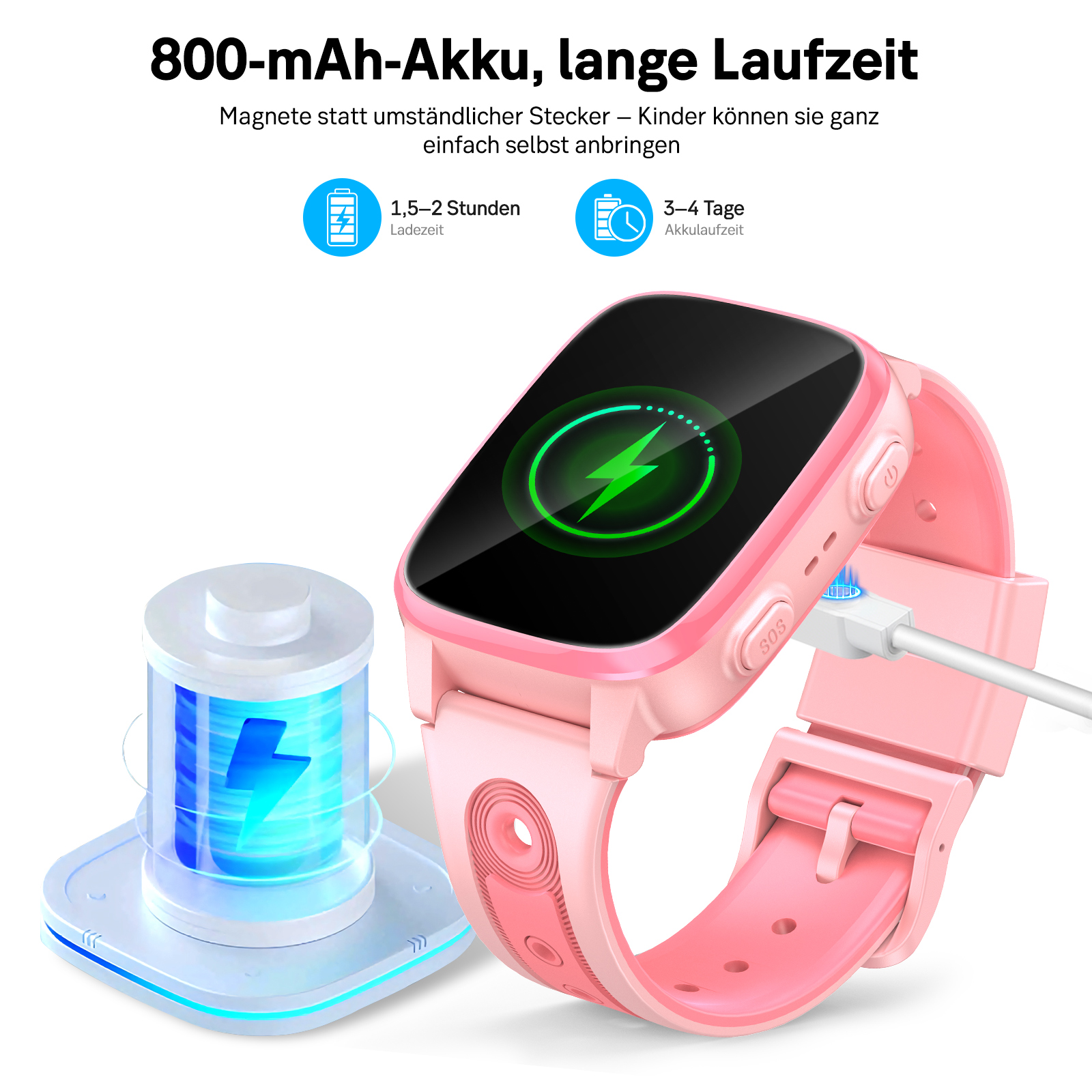 Pinke Smartwatch wird geladen. Batterieanzeige auf dem Display.