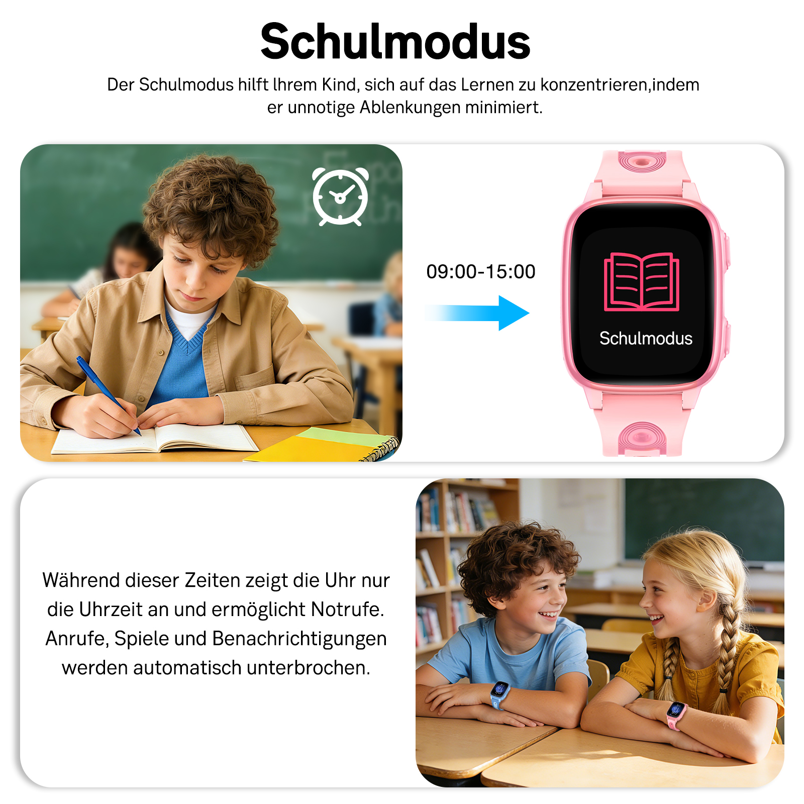 Schulmodus: Kind lernt, Uhr zeigt Zeit/Notruf, Anrufe blockiert.
