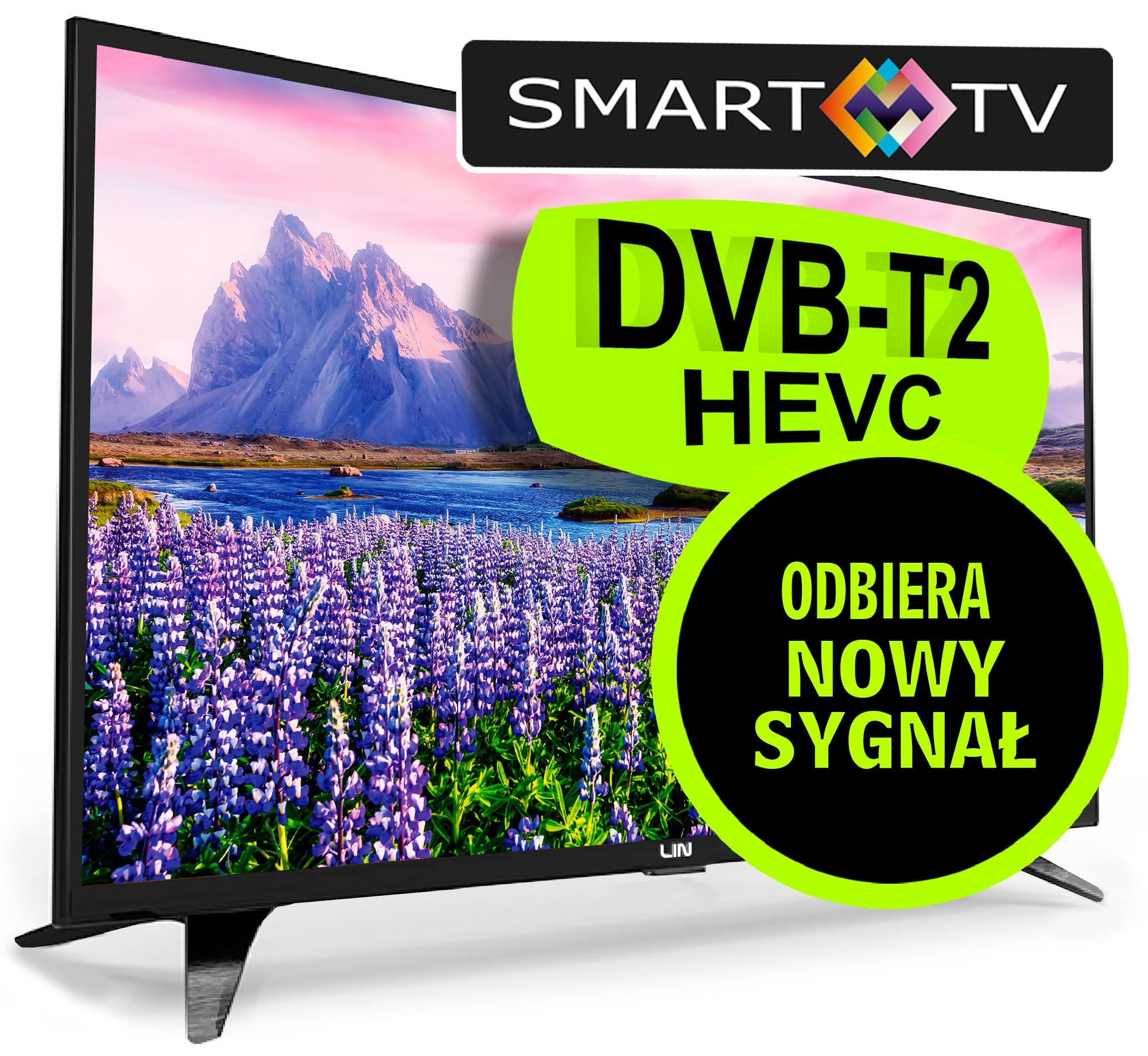 Telewizor Smart TV z krajobrazem: góry, jezioro i fioletowe kwiaty.