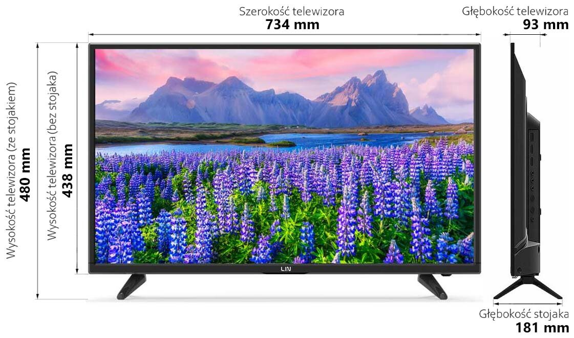 Telewizor wyświetlający krajobraz górski z kwitnącymi łubinami.