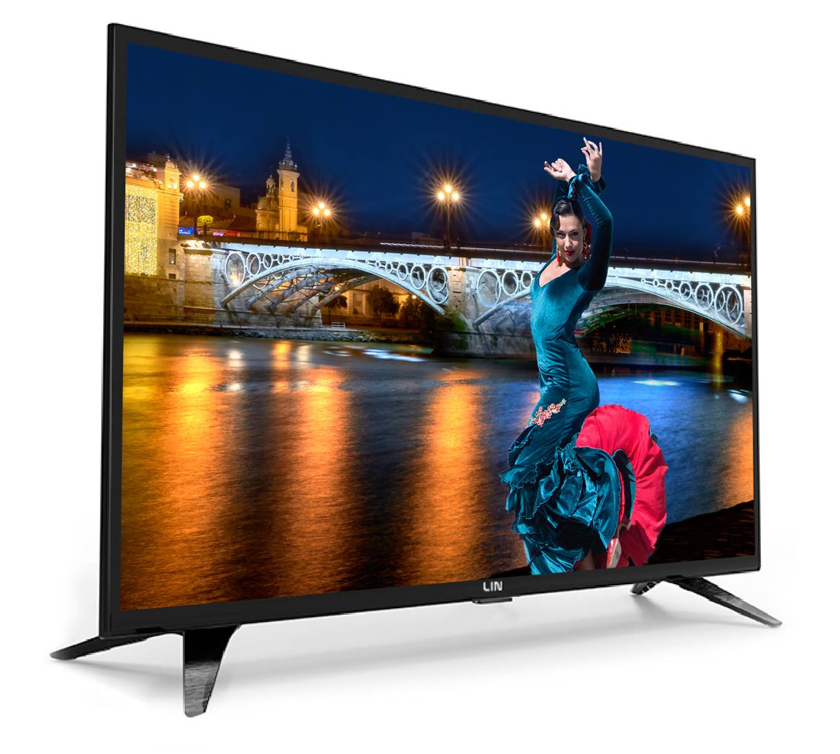 Telewizor wyświetla tancerkę flamenco w turkusowej sukience i czerwonej spódnicy nad rzeką nocą.