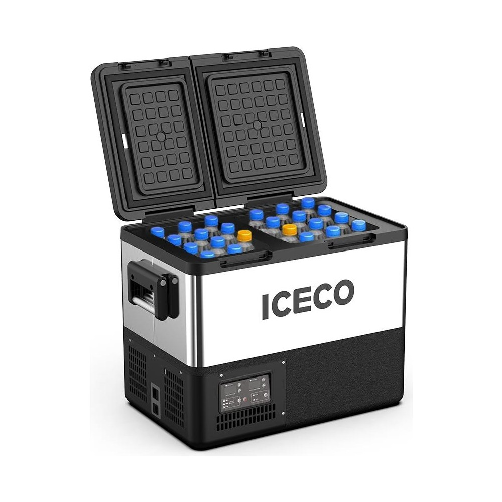 İçinde şişeler olan açık siyah ve gümüş renkli soğutucu kutu. ICECO logosu.