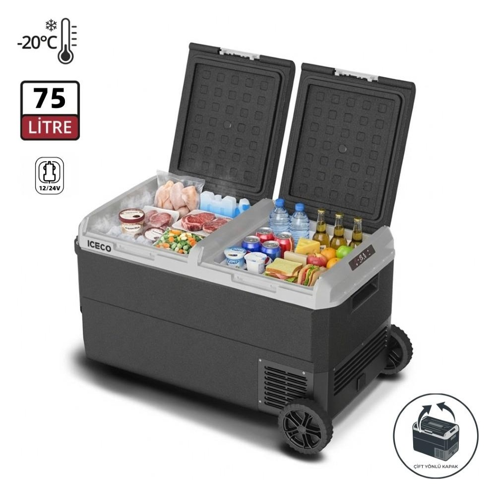 Yiyecek ve içecekle dolu, tekerlekli açık 75 litrelik buzdolabı.