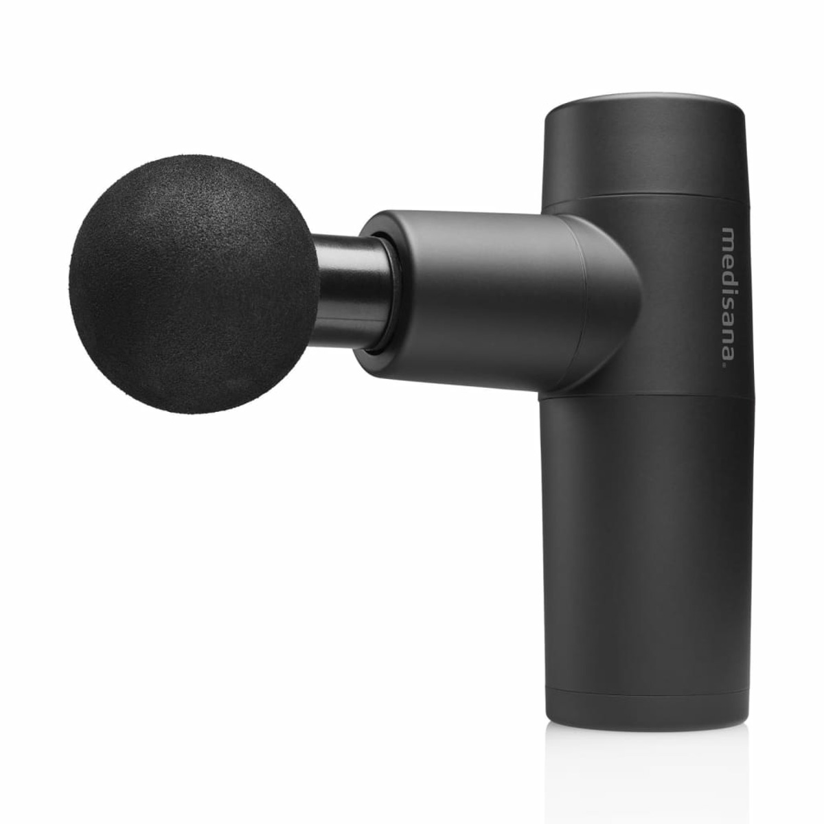 Pistolet de massage medisana noir à tête ronde, sur fond blanc.
