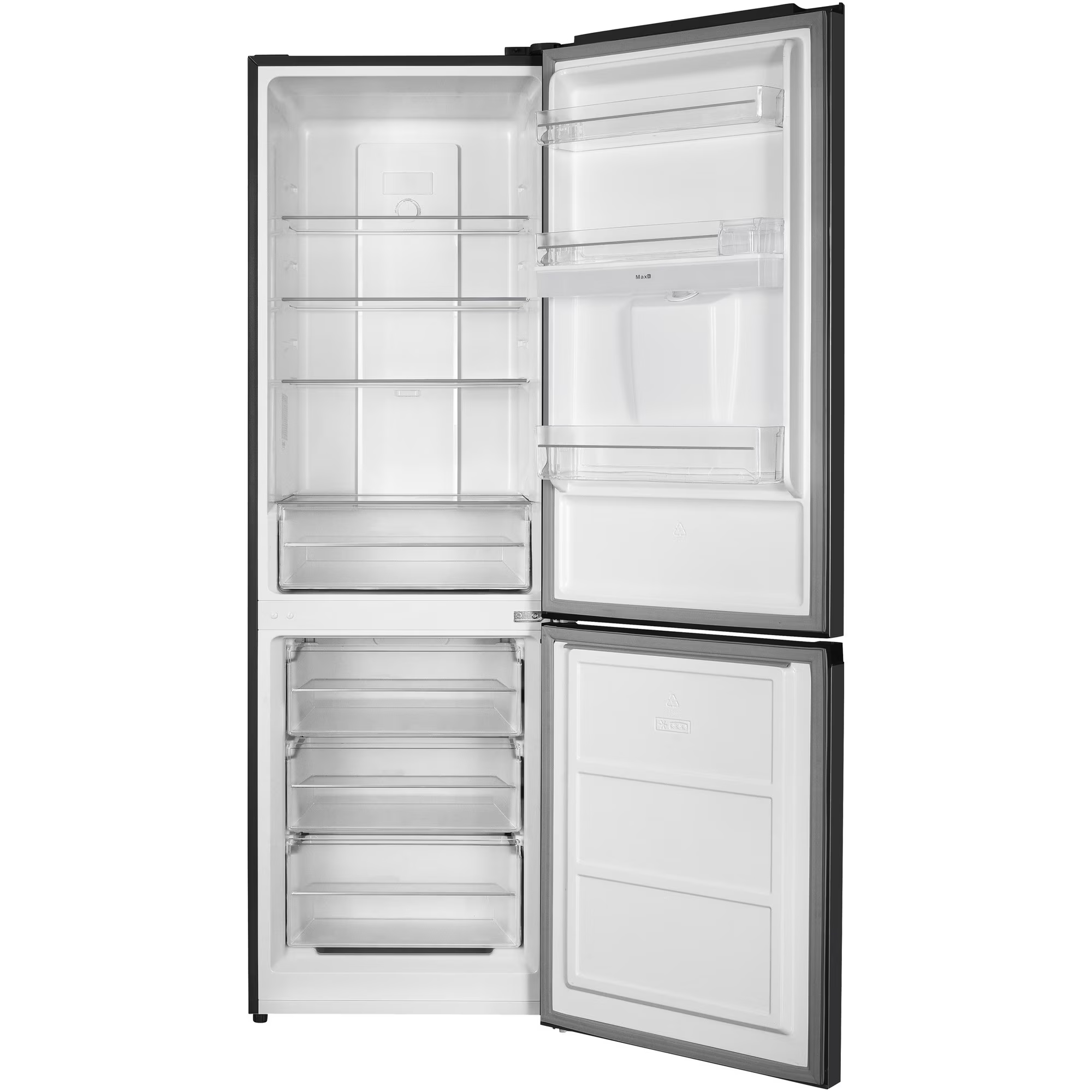 Offener schwarzer Kühlschrank mit mehreren weißen Regalen und Schubladen.