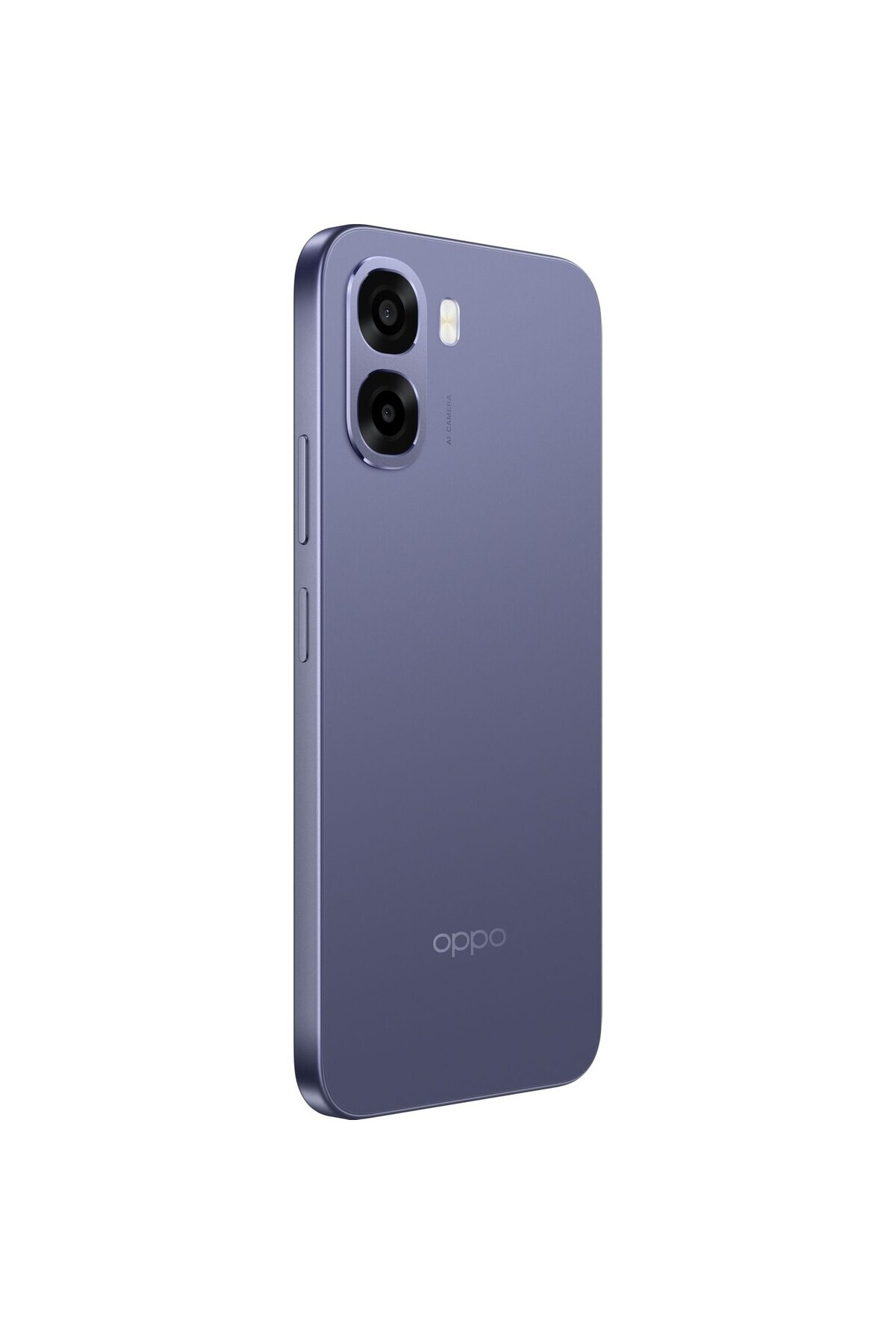İki kameralı mor akıllı telefonun arkası ve OPPO logosu.