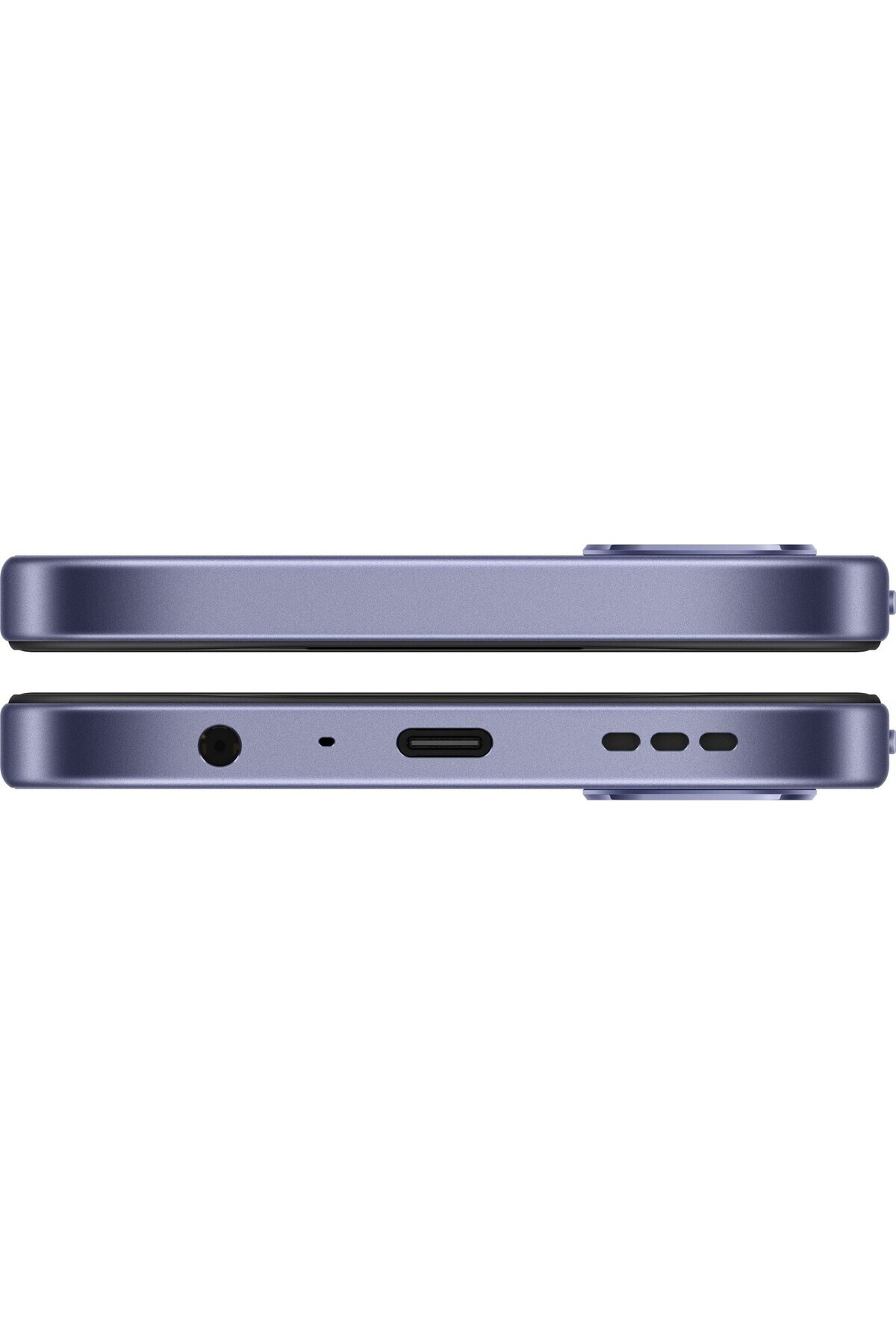 Kulaklık jakı ve USB-C gibi yan bağlantı noktalarını gösteren mor bir akıllı telefon.