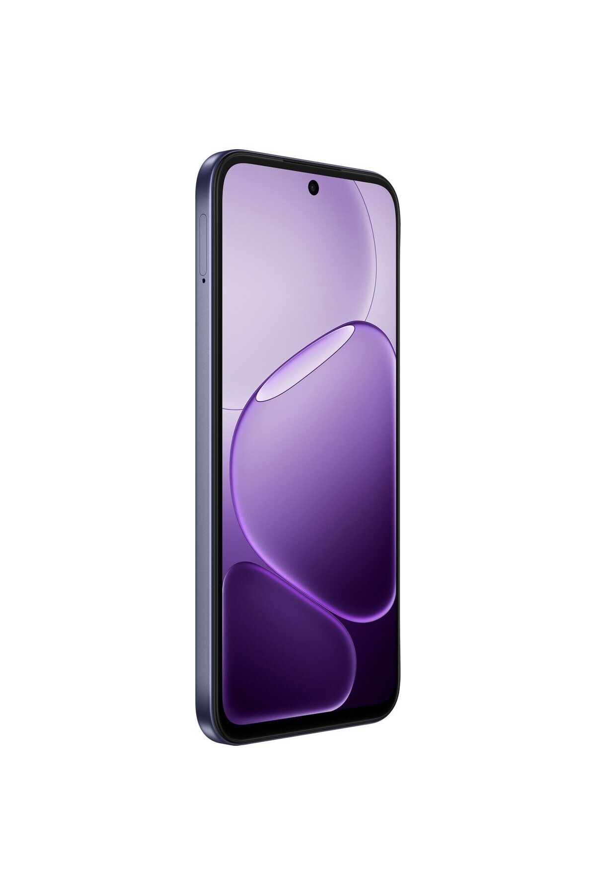Delikli kameralı ve soyut arka plan tasarımlı mor akıllı telefon.