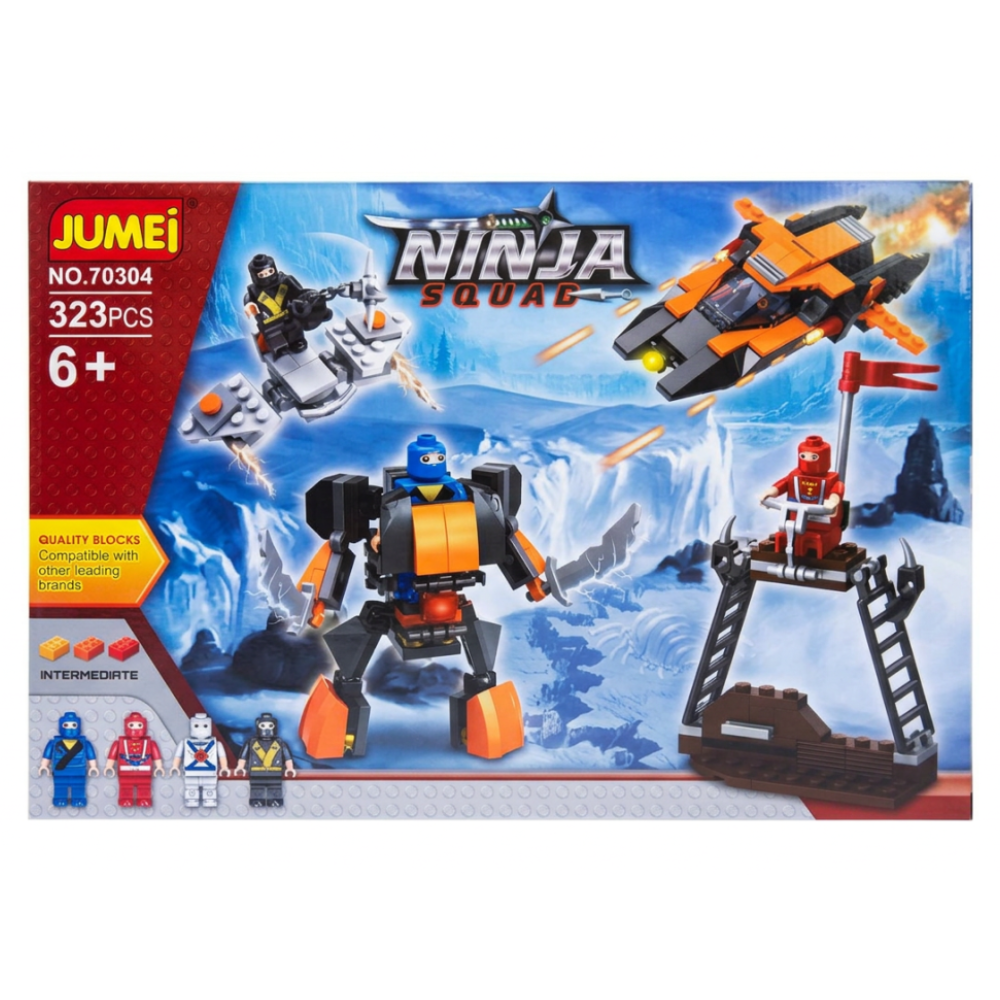 Pudełko z klockami Jumei Ninja Squad z robotem, samolotem i figurkami.