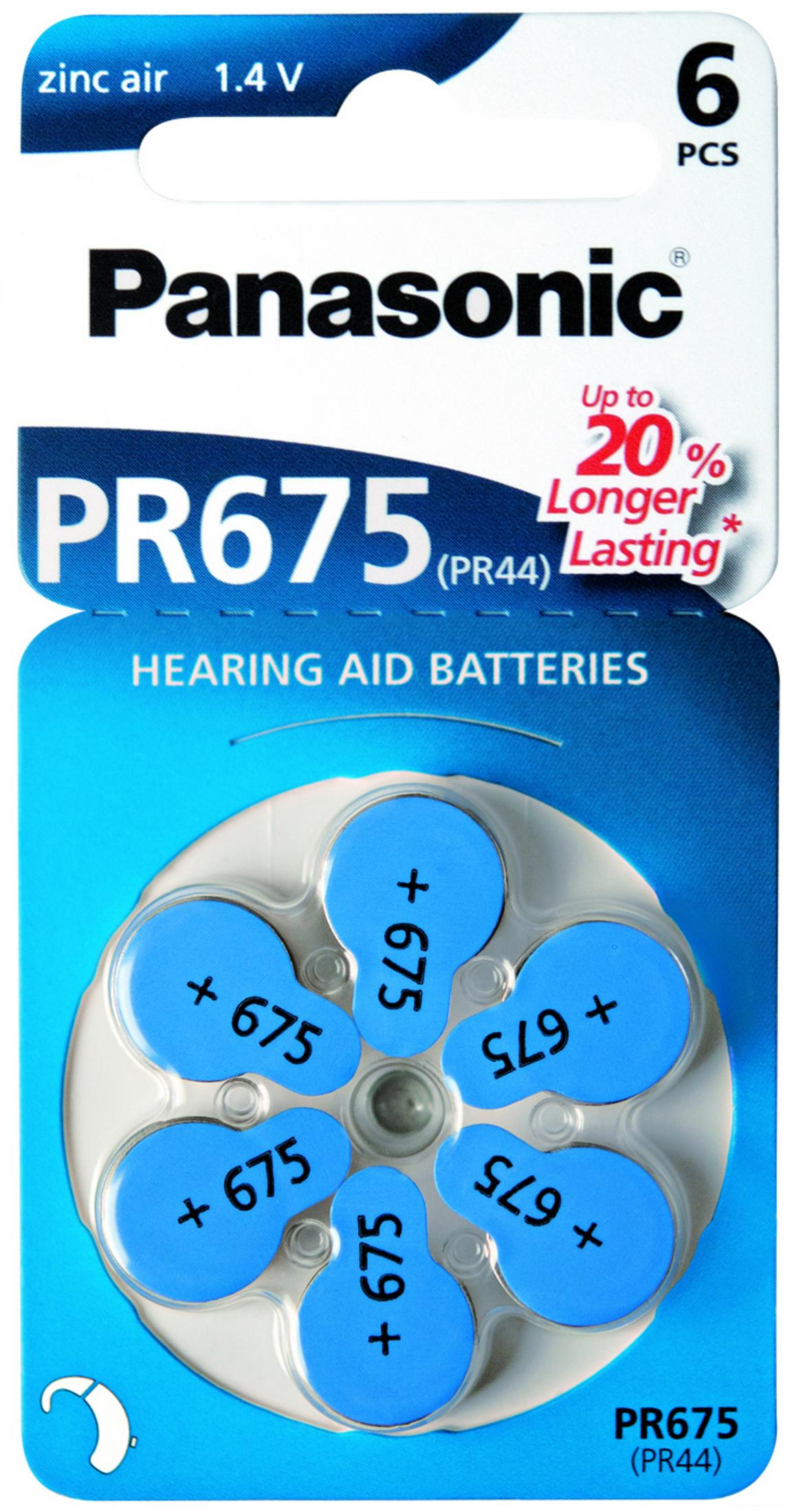 Sechs Panasonic PR675 Hörgerätebatterien, Zink-Luft, 1,4V.