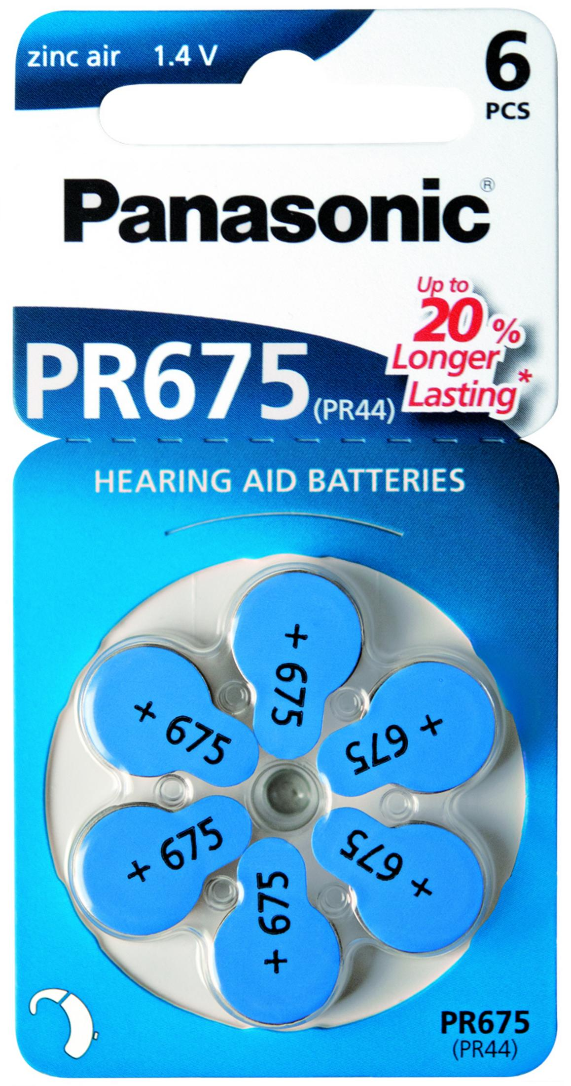 Packung mit 6 Panasonic PR675 Hörgerätabatterien, Zink-Luft, 1.4V.