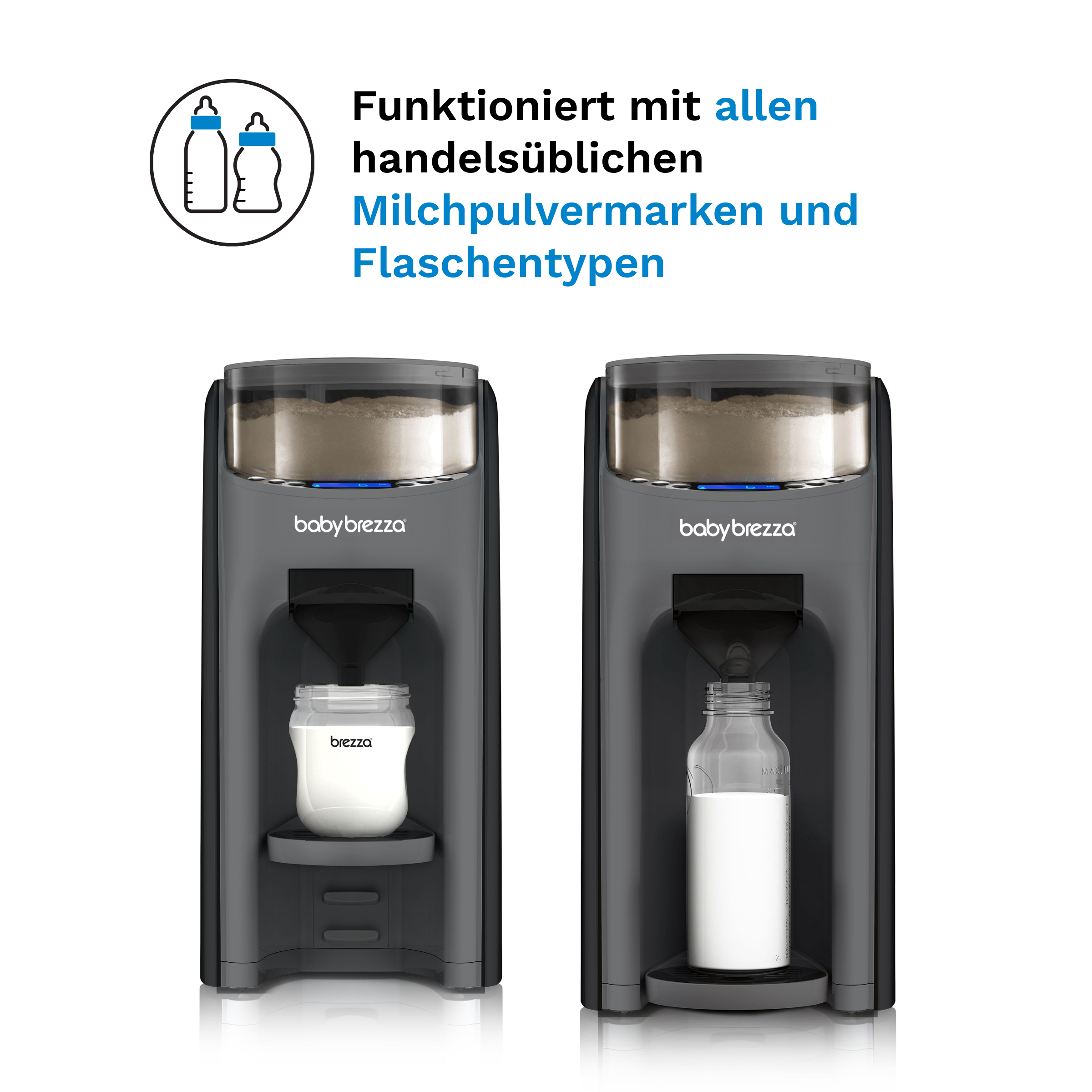 Zwei Babyflaschenwärmer mit Pulverbehälter und gefüllter Flasche.
