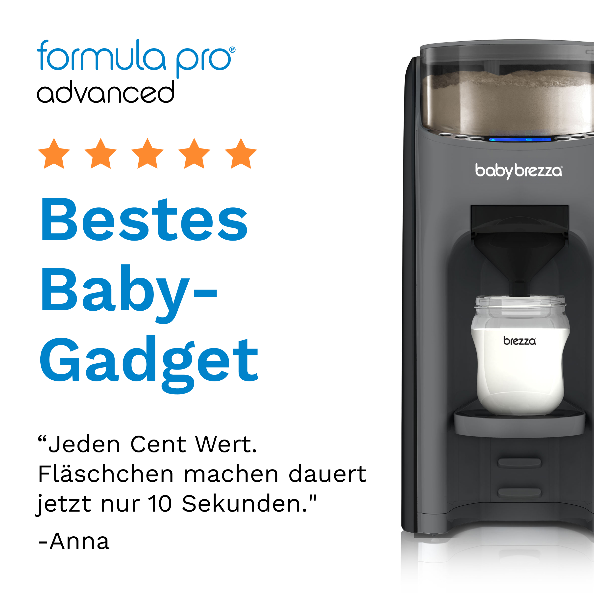 Baby Brezza Formula Pro Advanced: ein Gerät mit Pulver und einer Flasche Milch.