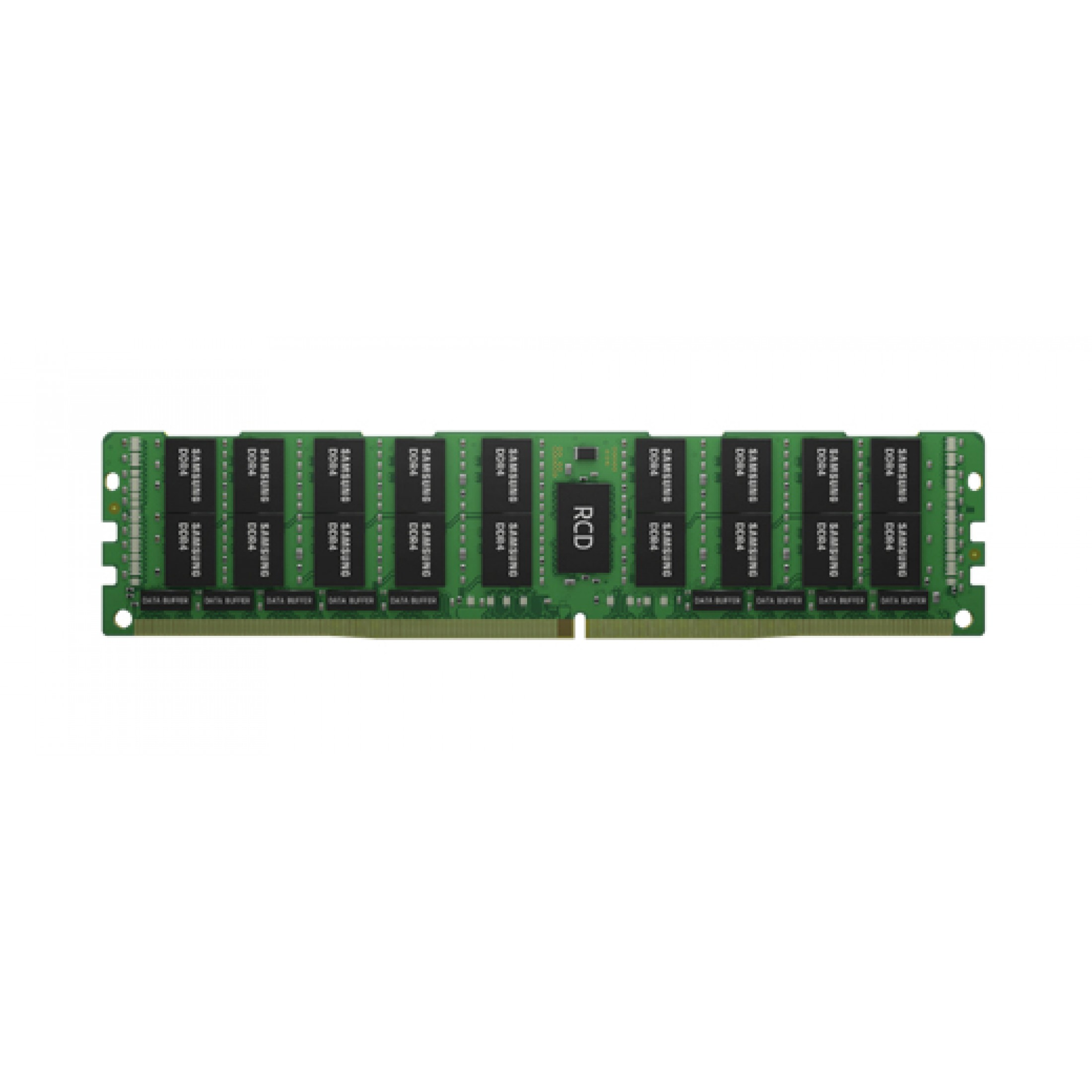 Un modulo RAM DDR4 verde con chip di memoria Samsung neri.