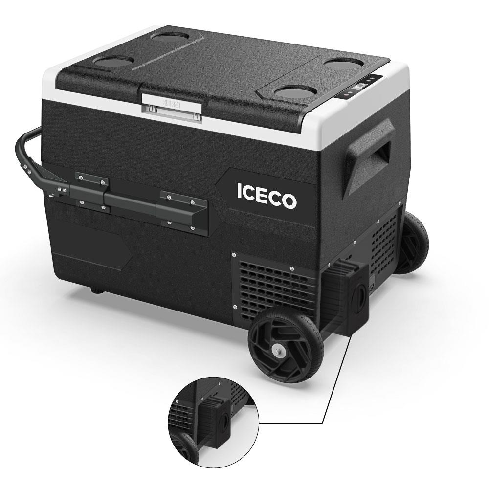 Tekerlekli ve kulplu siyah taşınabilir soğutucu, ICECO markalı.
