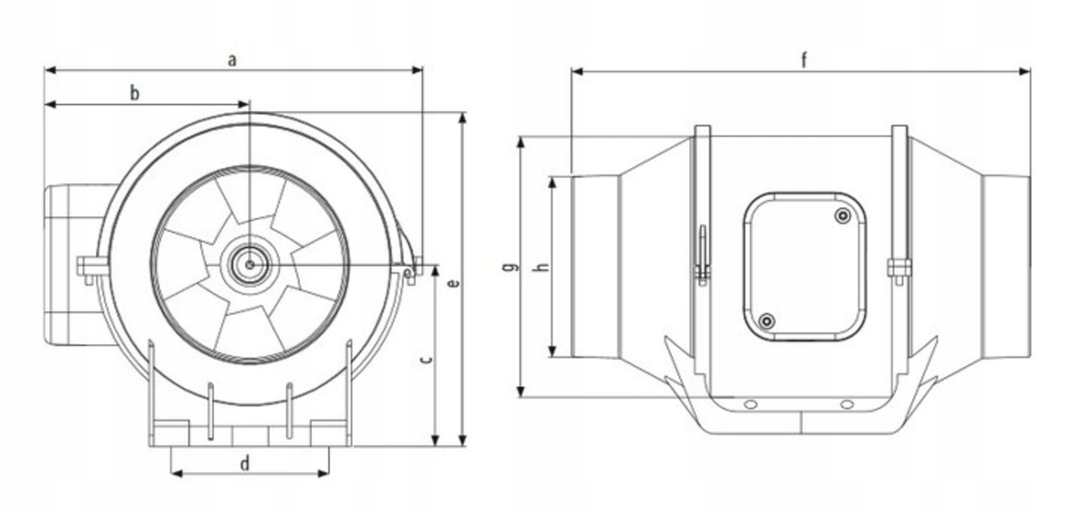 Rysunek techniczny wentylatora z wymiarami a, b, c, d, e, f, g, h.