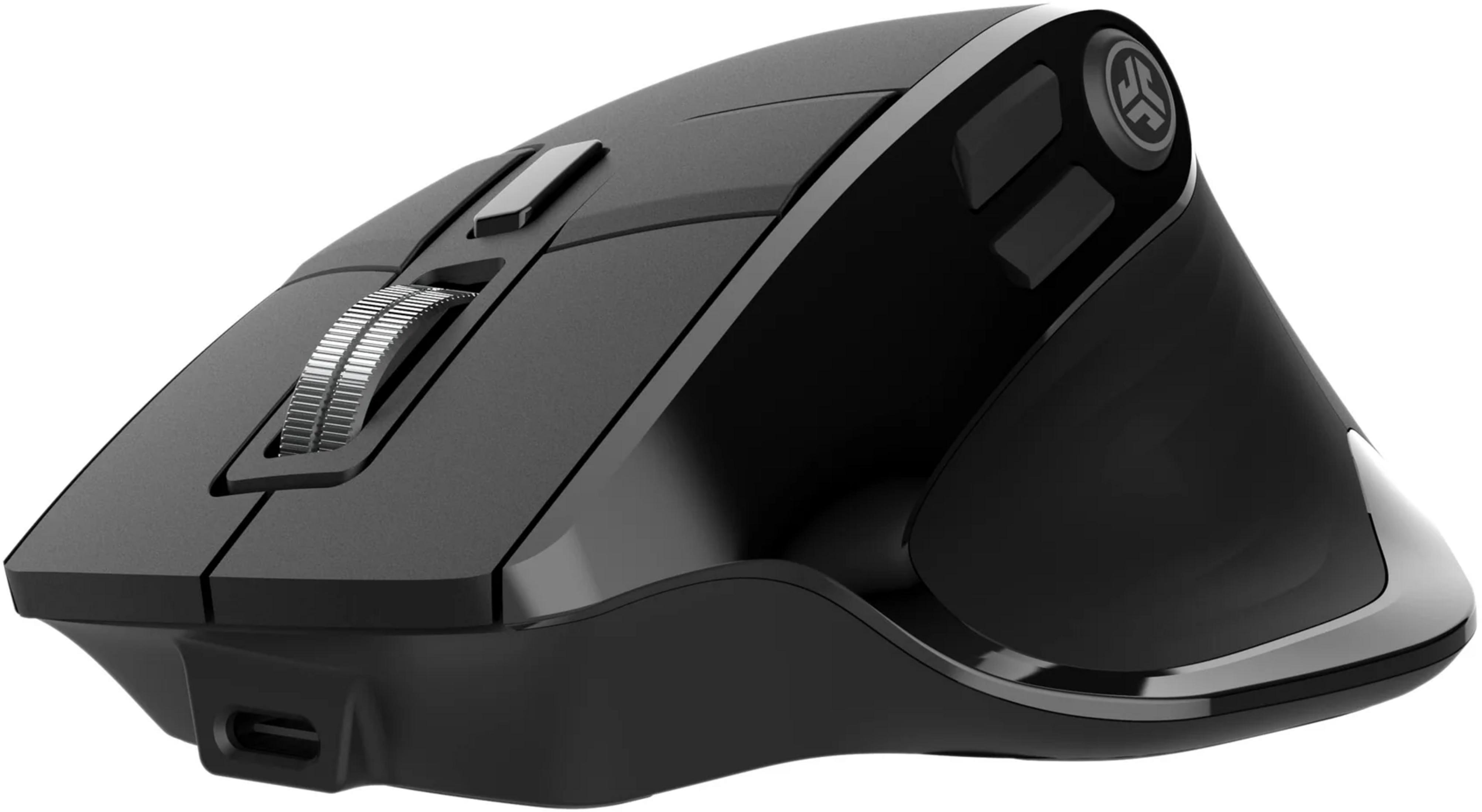 Schwarze Computermaus mit silbernem Scrollrad und Tasten.