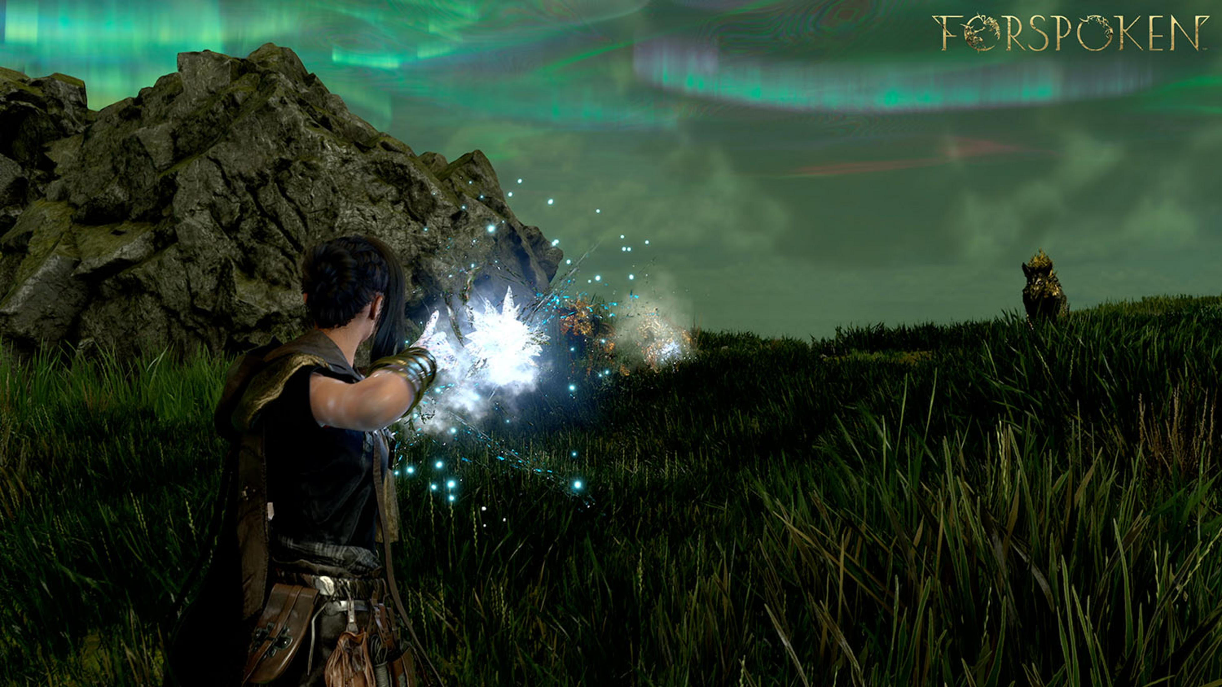 A woman shoots magic at a golden dog in a green landscape.