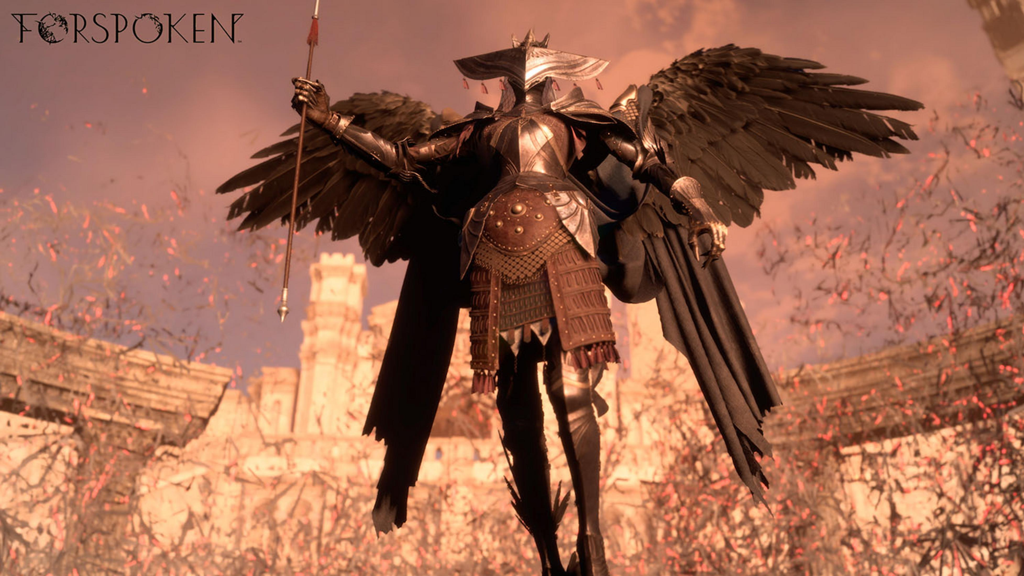 A winged armored figure holds a spear. A castle ruin is in the background.