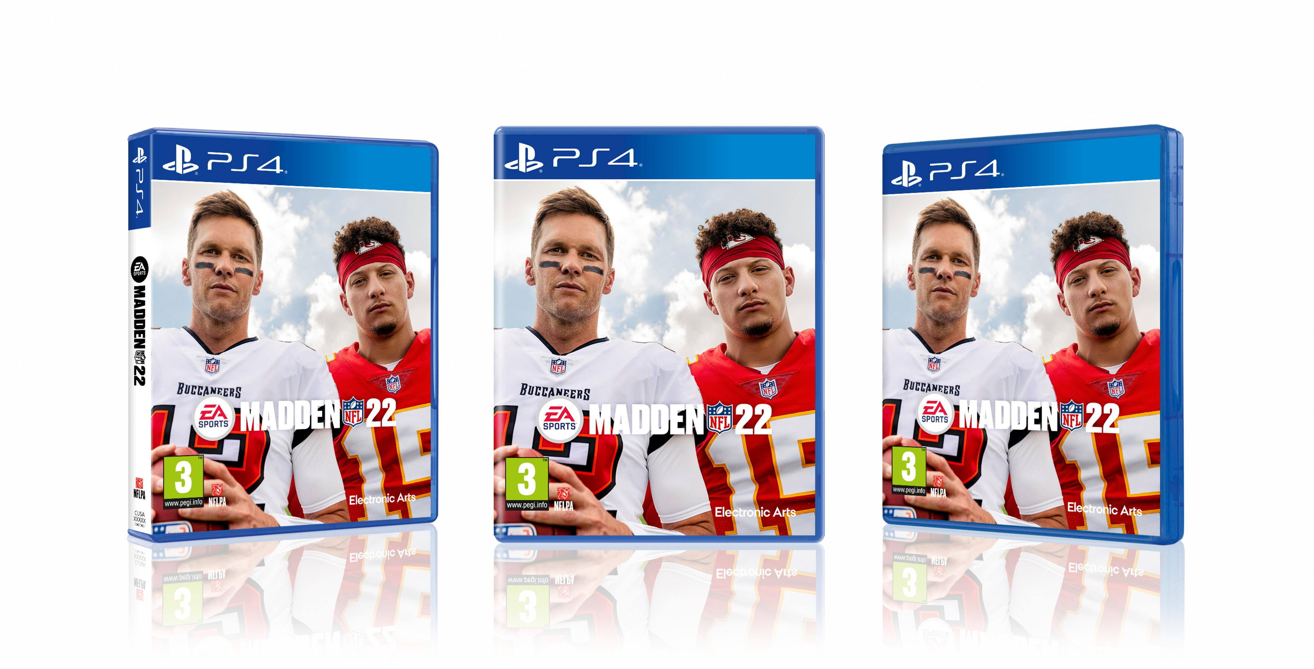 Tre custodie del gioco PS4 Madden 22 con Tom Brady e Patrick Mahomes.