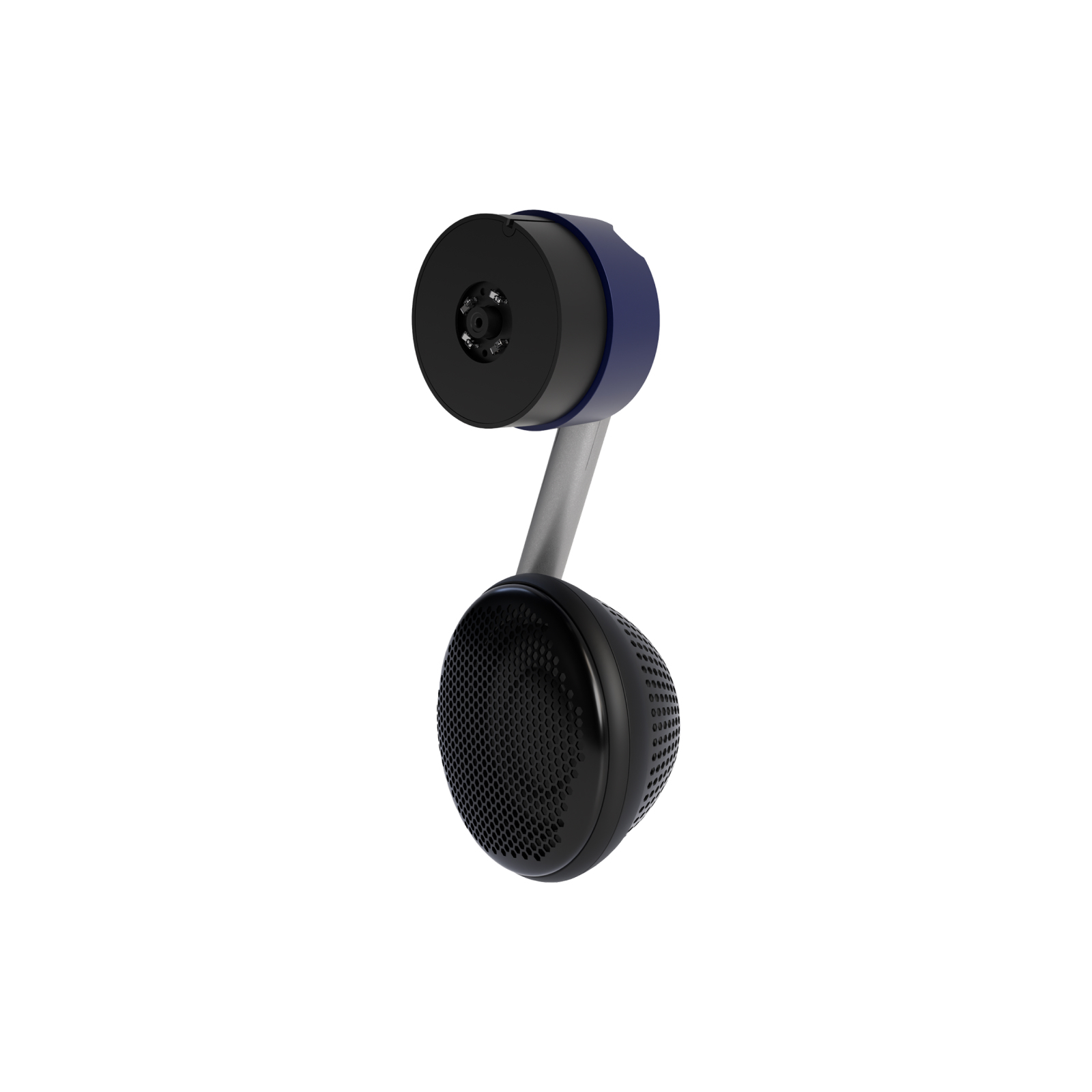 Un altavoz negro con brazo plateado y anillo azul.