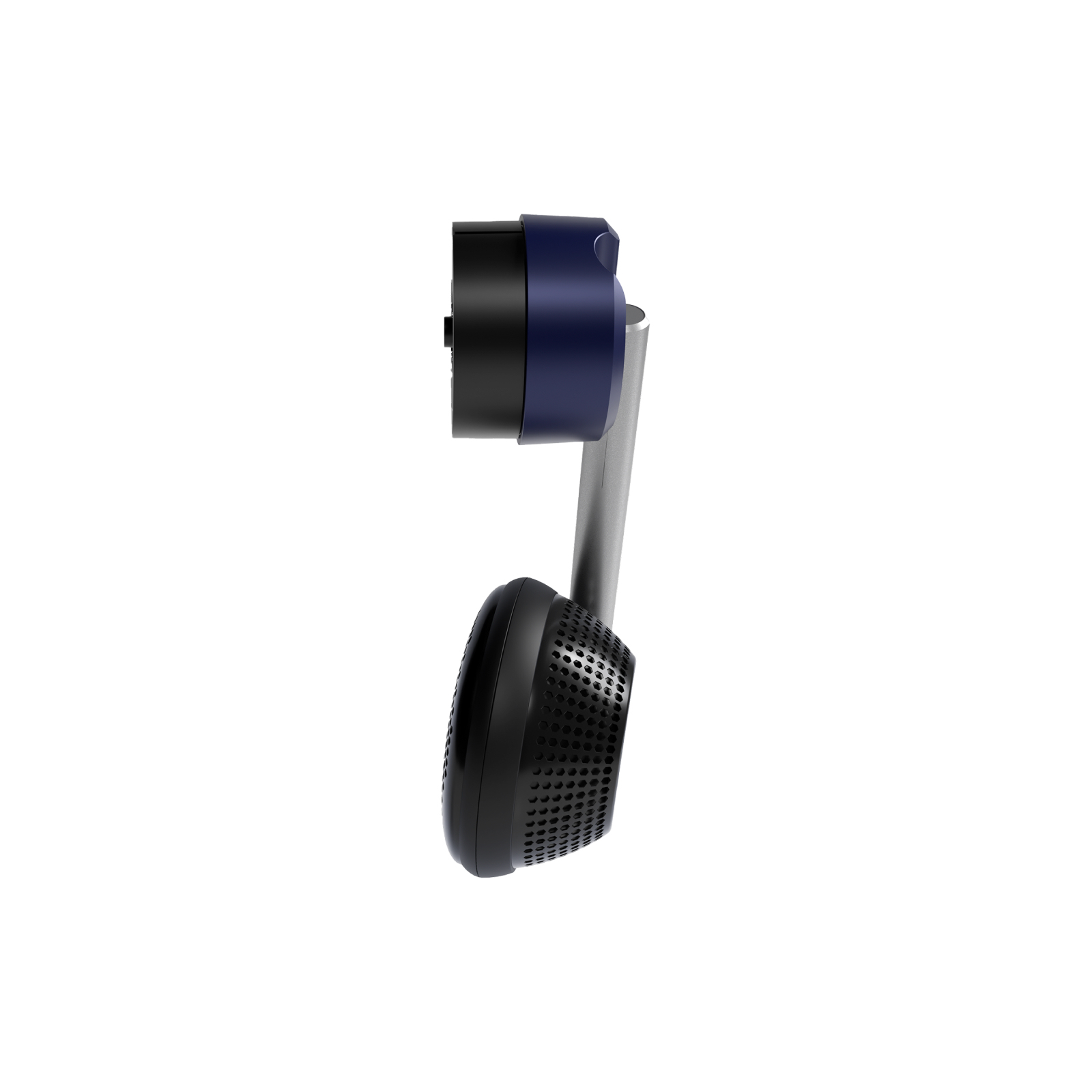 Un altavoz negro perforado con brazo azul y plateado sobre fondo blanco.