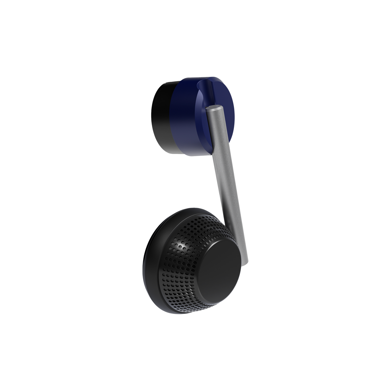Un altavoz negro con parte superior azul y brazo plateado.