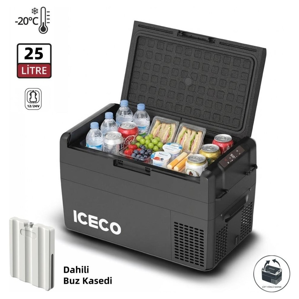 Açık siyah ICECO 25L taşınabilir buzdolabı, su şişeleri, kutular, sandviçler, meyve ve yoğurt dolu.