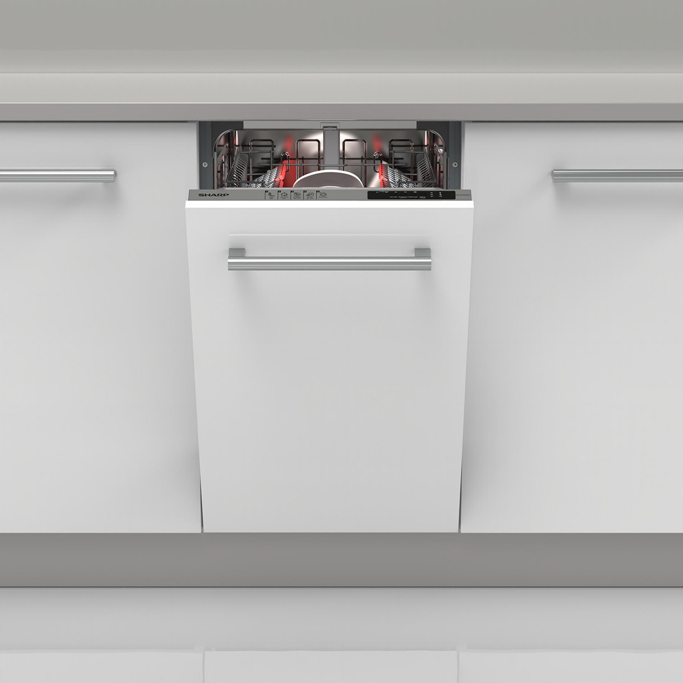 An open dishwasher with red lights, built into a white kitchen unit.