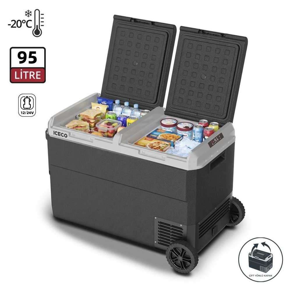 Yiyecek ve içecekle dolu, tekerlekli 95 litrelik çift bölmeli taşınabilir buzdolabı.
