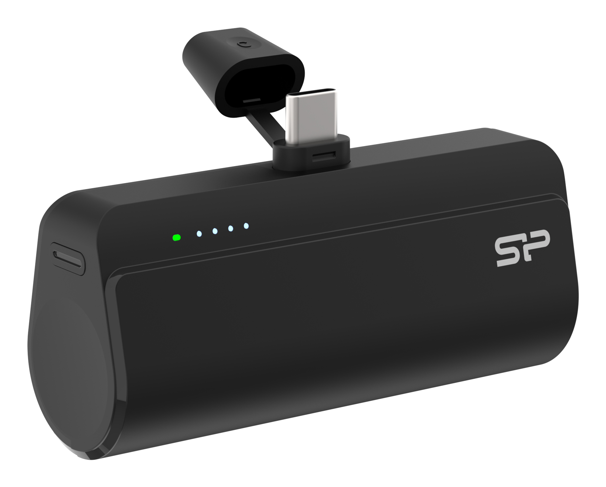 Power bank portatile nero con connettore USB-C e spie luminose.