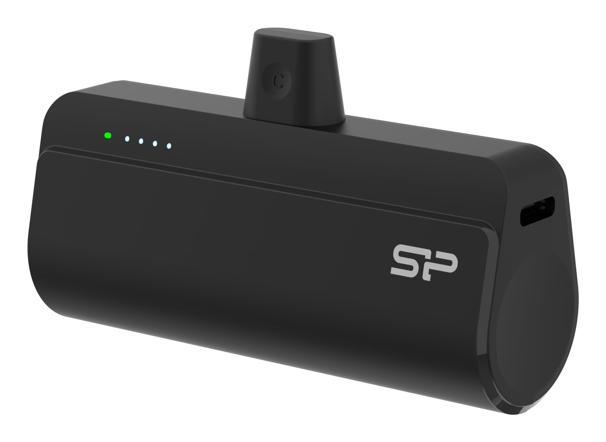 Caricatore portatile nero con spie luminose e porta USB-C.