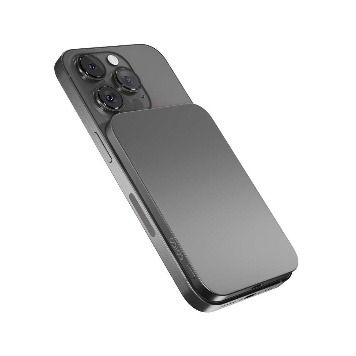 Graues Smartphone mit drei Kameralinsen und einem flachen, metallischen Gehäuse.