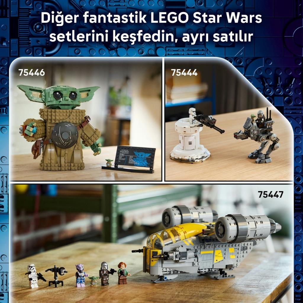 LEGO Star Wars setleri: Grogu 75446, AT-ST 75444, Razor Crest 75447.