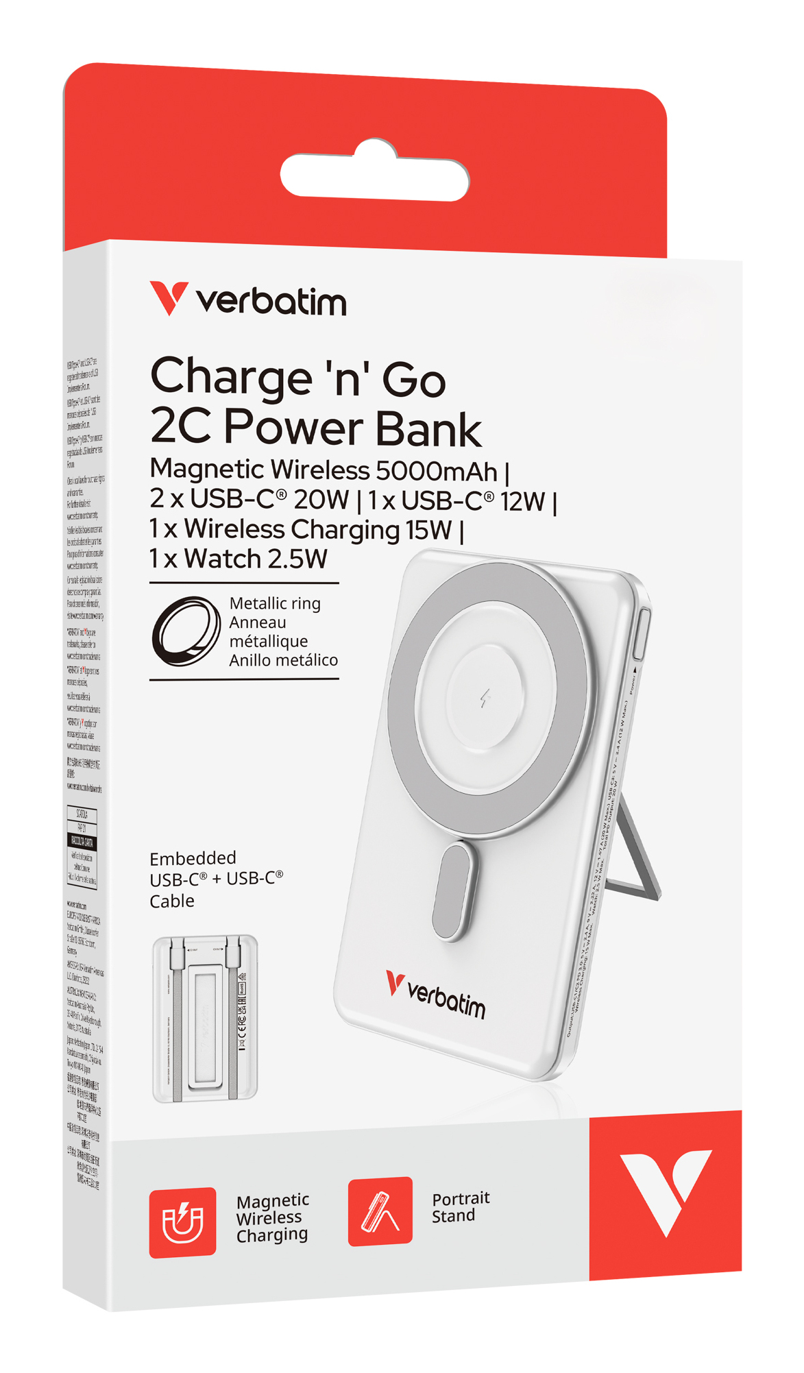 Power Bank Verbatim: Bianca, magnetica, 5000mAh, 2xUSB-C, carica 1xWatch.