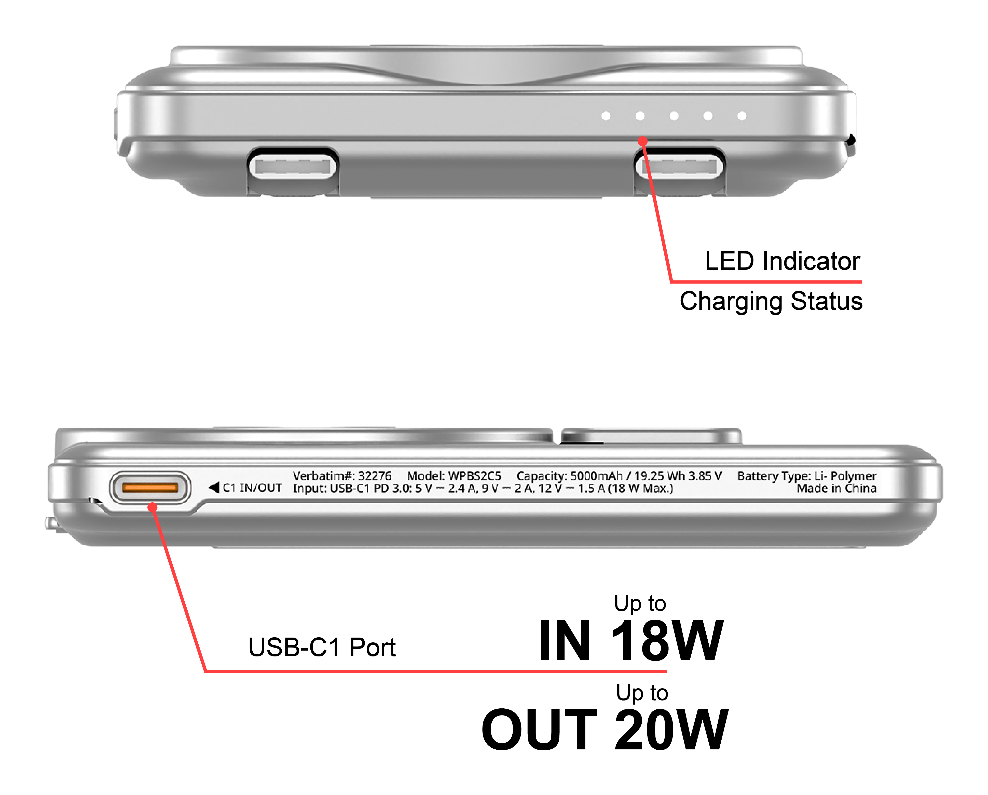 Caricabatterie argentato con porta USB-C, indicatore LED e specifiche di potenza.