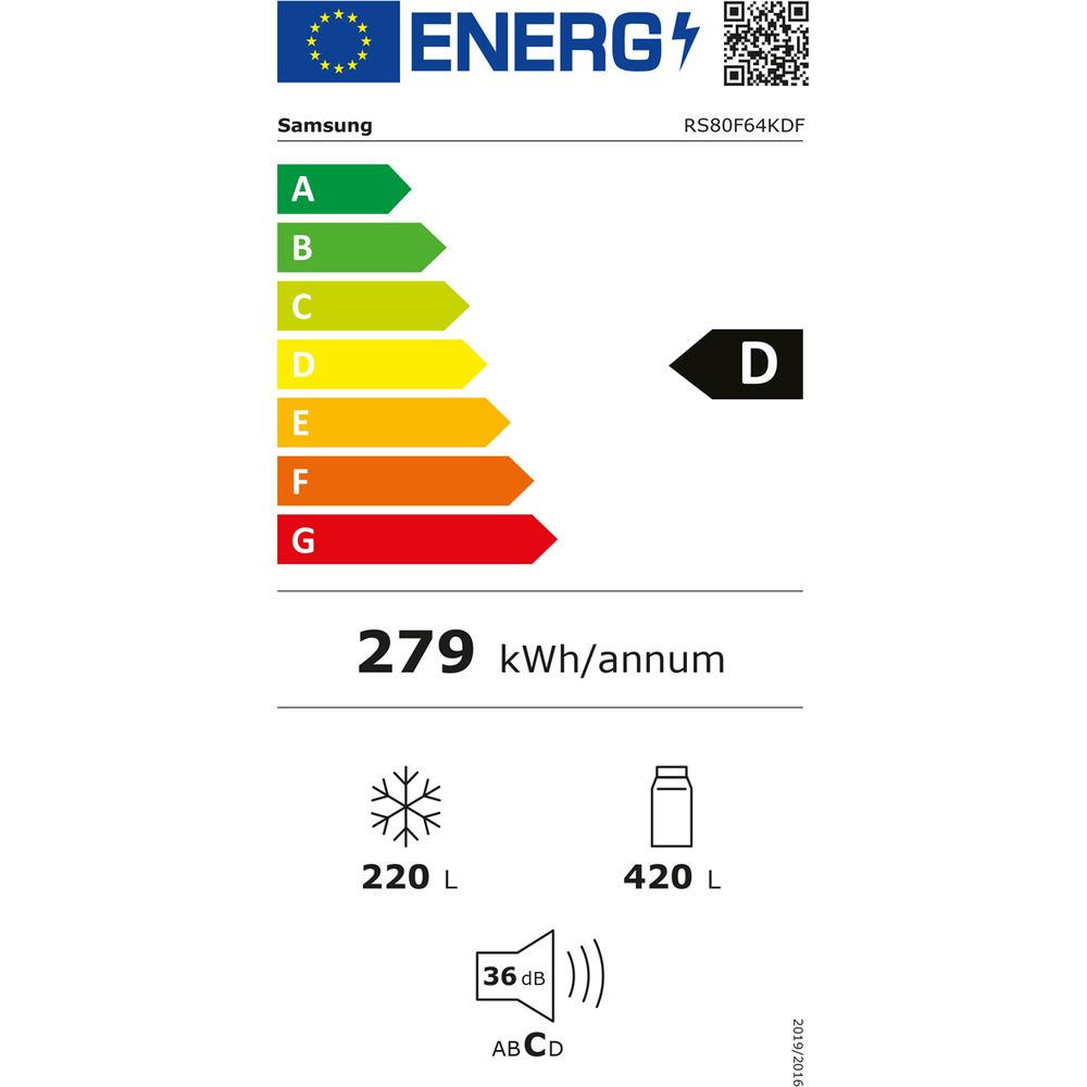 Energielabel für Samsung RS80F64KDF: Energieeffizienzklasse D, 279 kWh/Jahr.