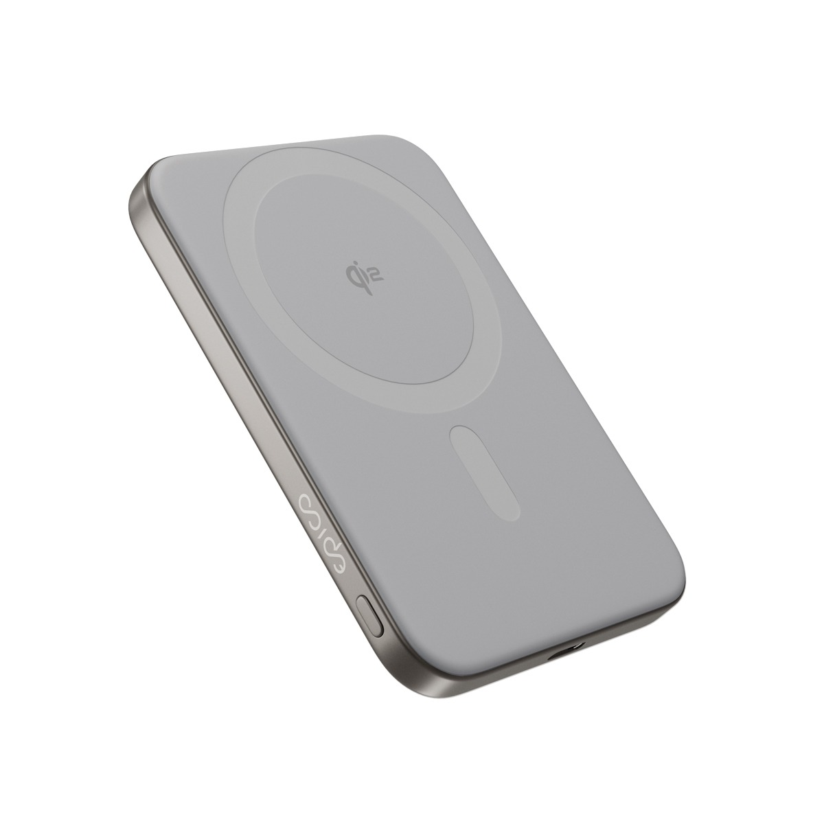 Caricatore wireless magnetico grigio con logo Qi e bordo argentato.