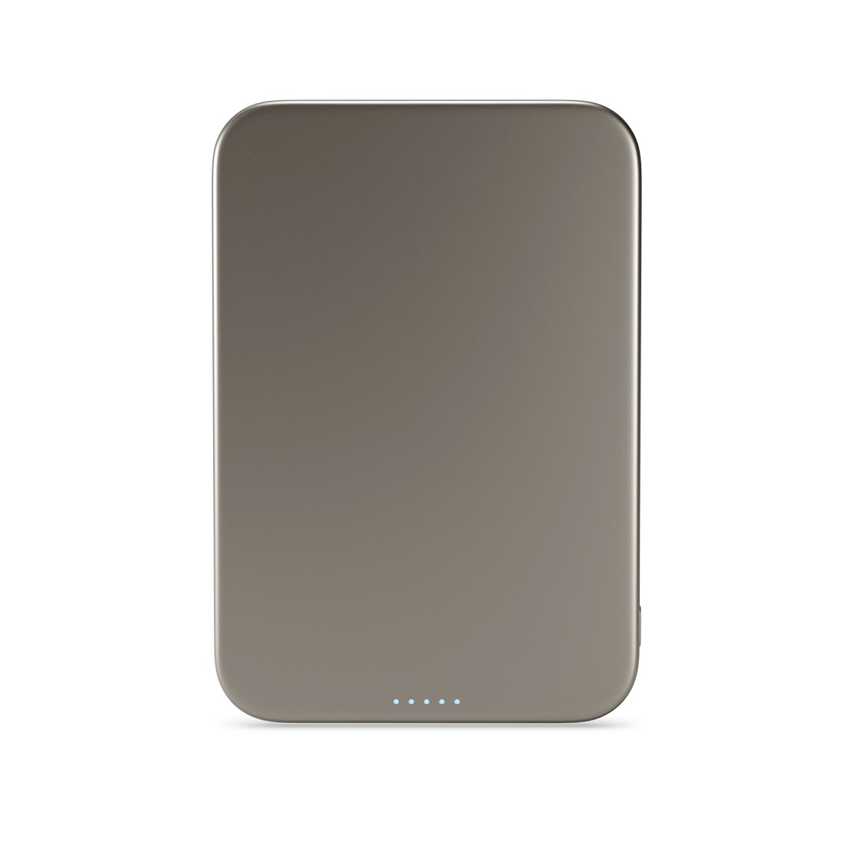 Un caricabatterie portatile grigio metallico con cinque piccole luci.