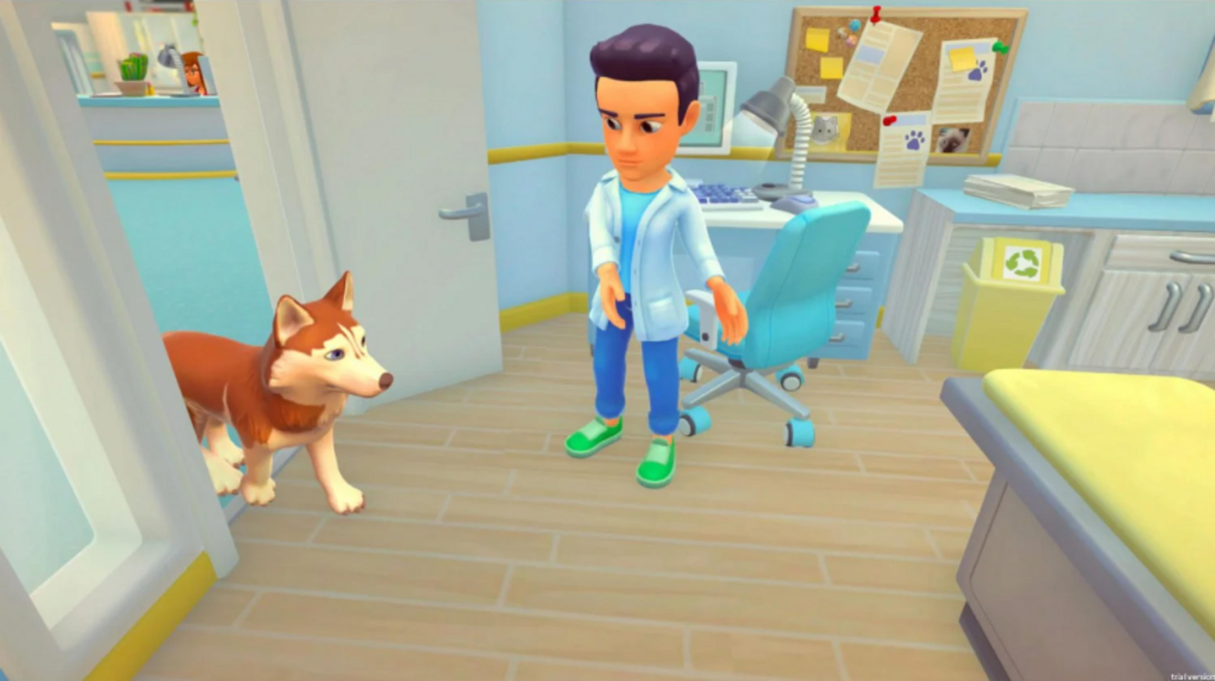 Un veterinario in camice bianco con un cane davanti a una scrivania in una sala esami.