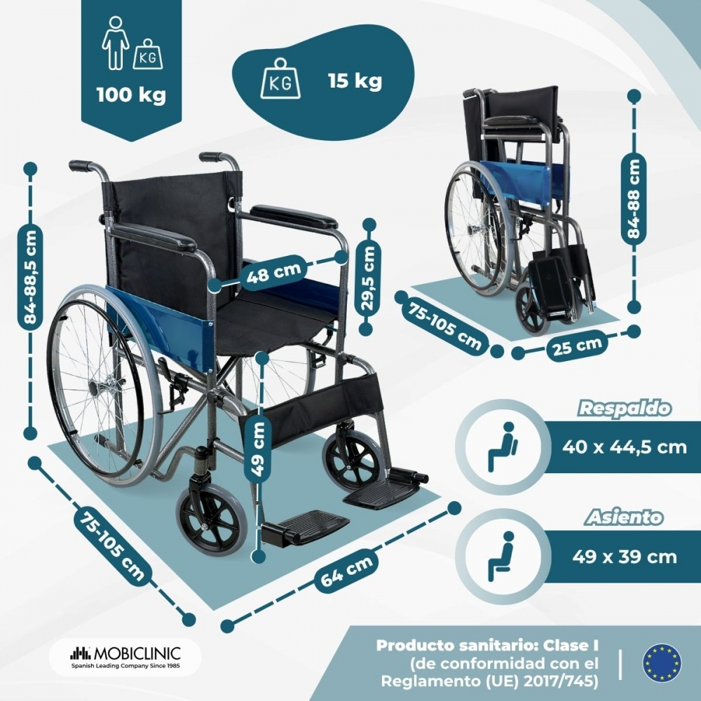 Una silla de ruedas con dimensiones y especificaciones de peso. Carga máx. 100kg.