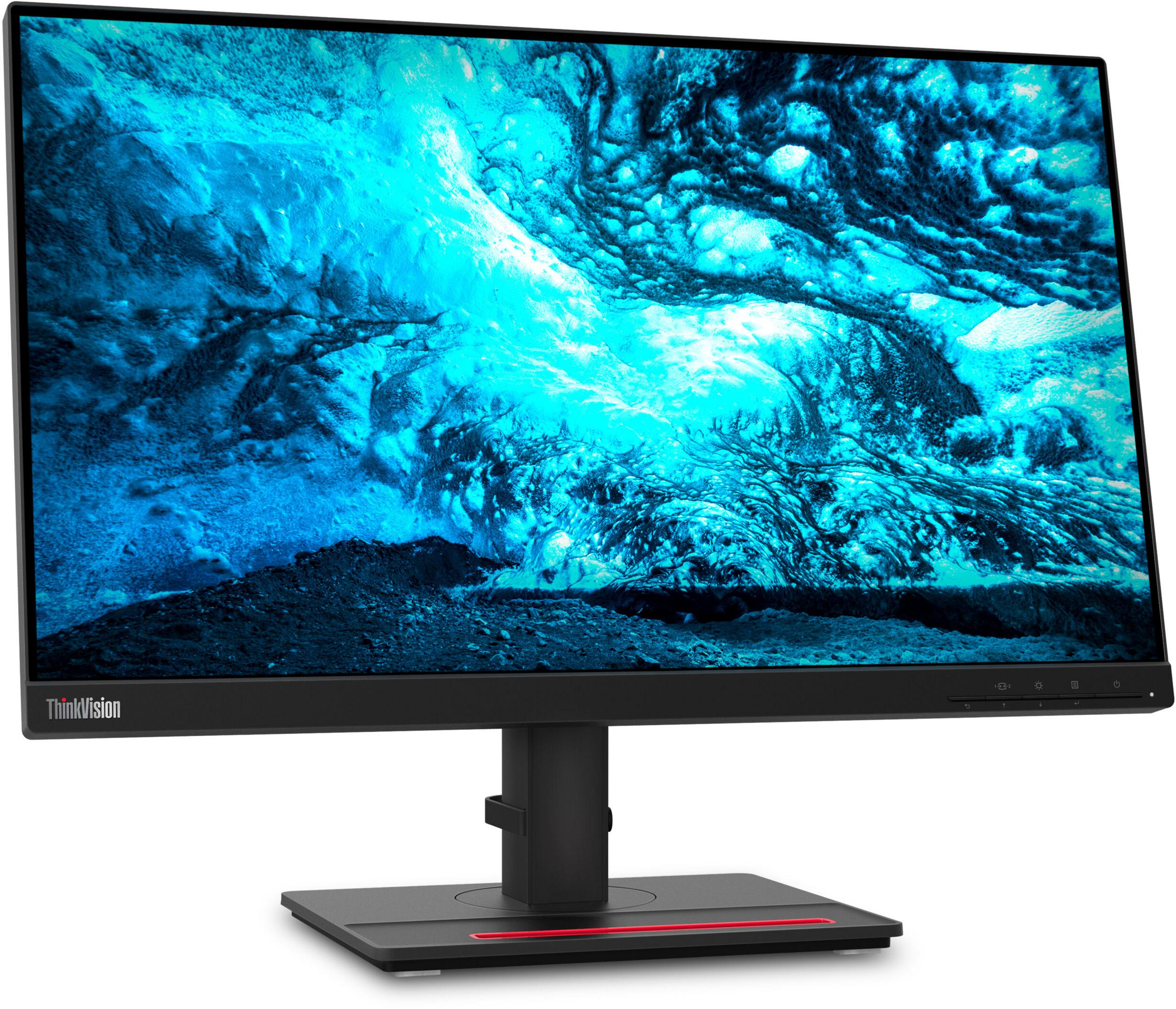 Un monitor ThinkVision con imagen de fondo azul y helada está sobre un soporte negro.