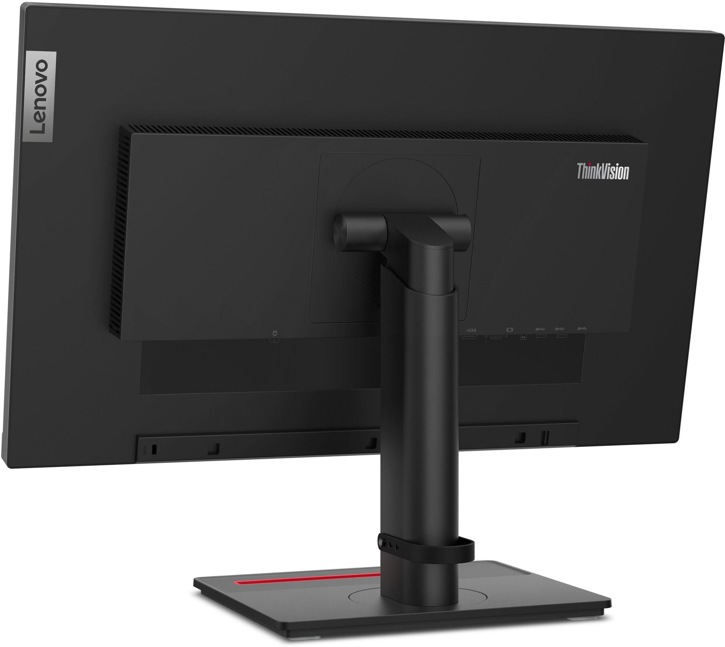 Parte trasera de un monitor Lenovo ThinkVision negro con soporte ajustable.
