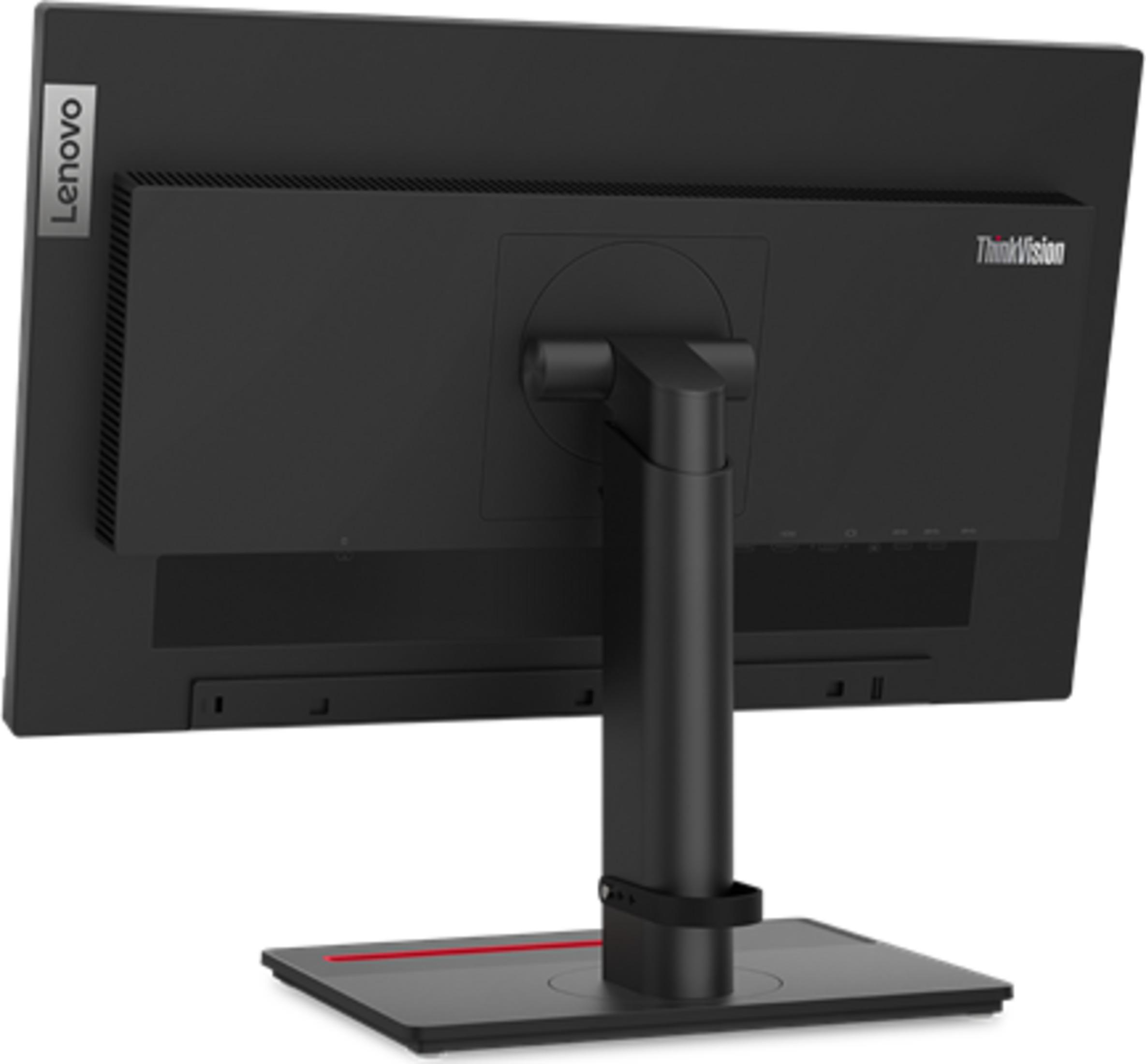 Rückseite eines schwarzen Lenovo ThinkVision Monitors mit silbernem Lenovo Logo.