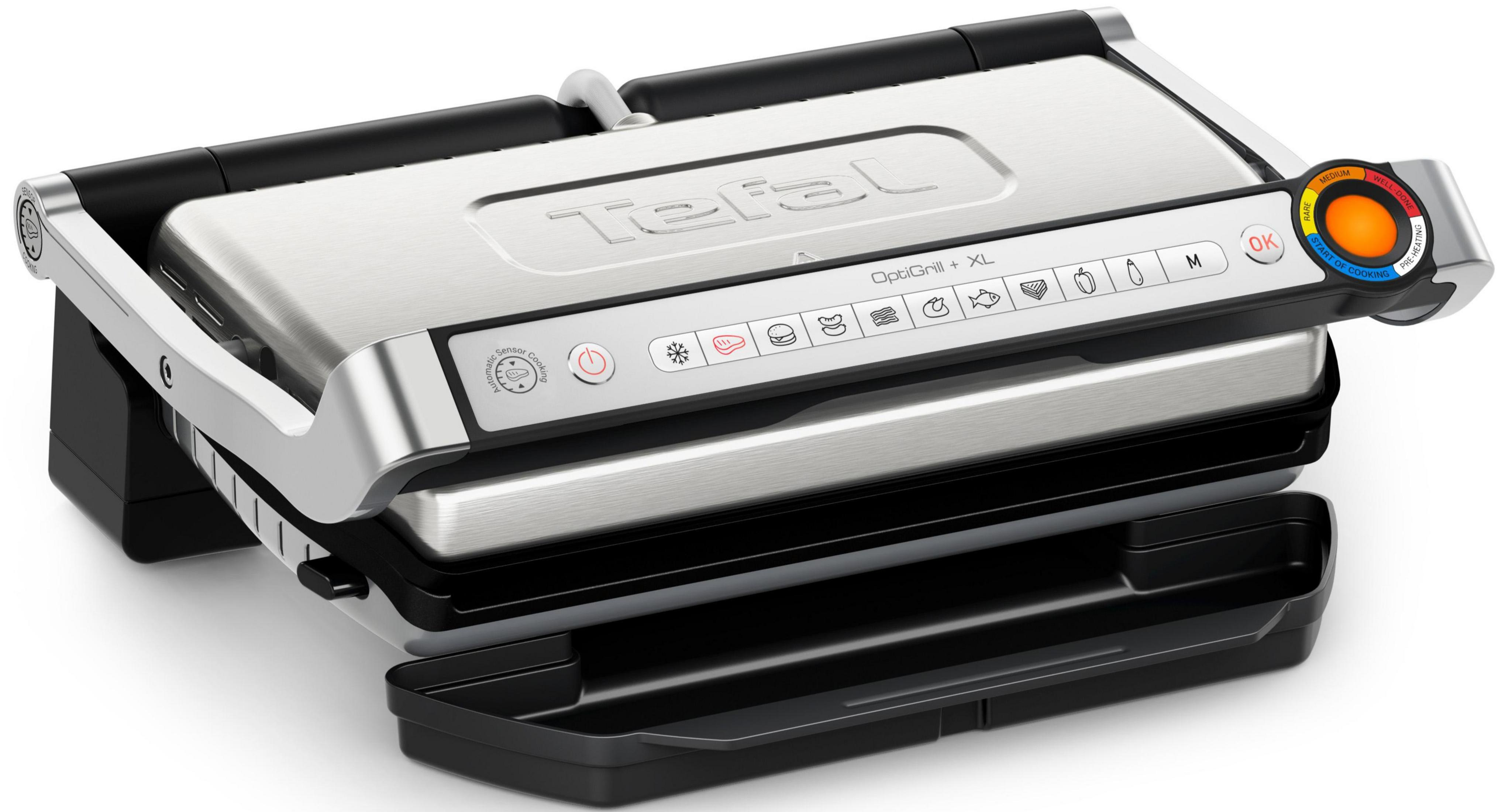 Un Tefal OptiGrill argentato con icone programmi cottura e indicatore cottura.