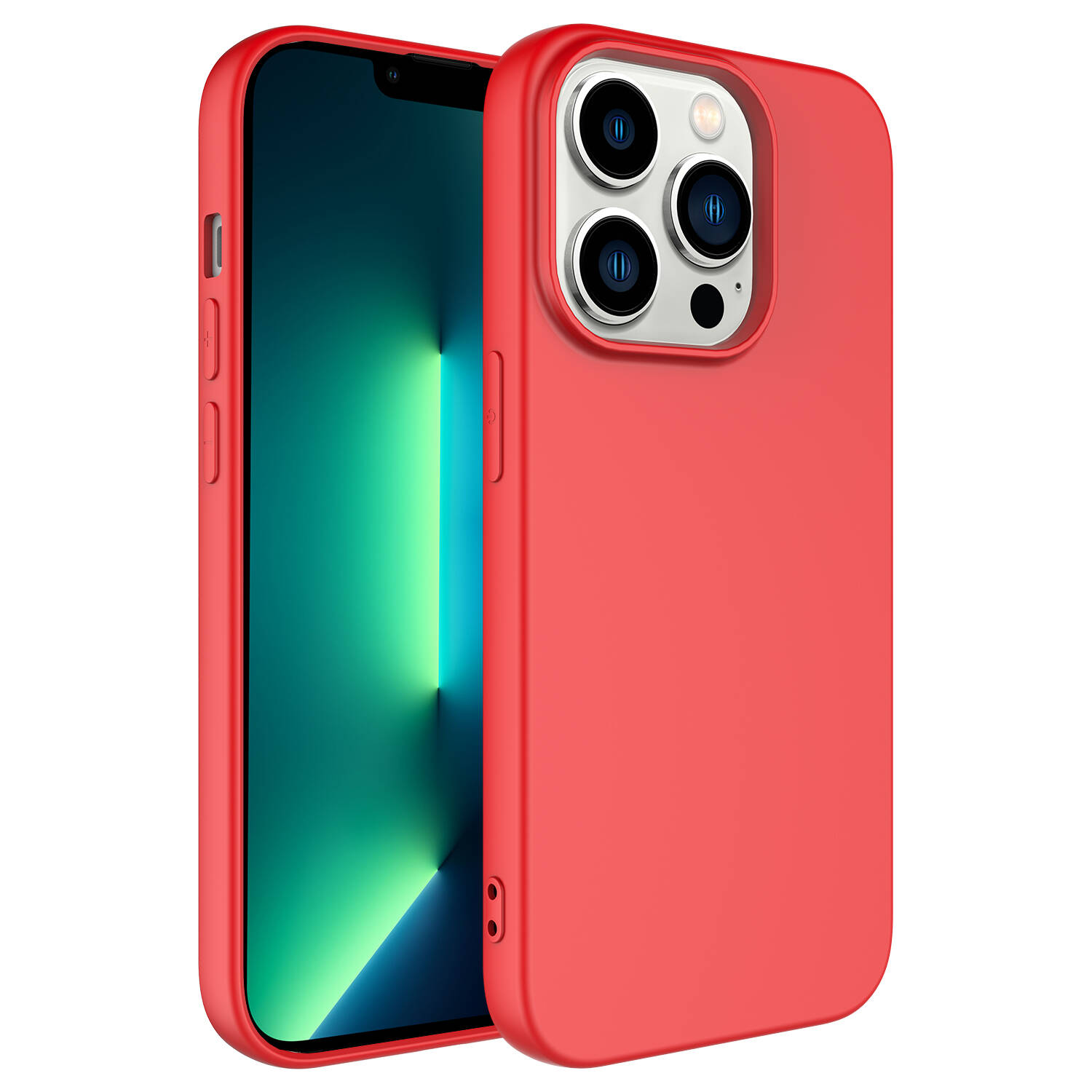 Üç kameralı ve dikey konumda ekranlı kırmızı iPhone.