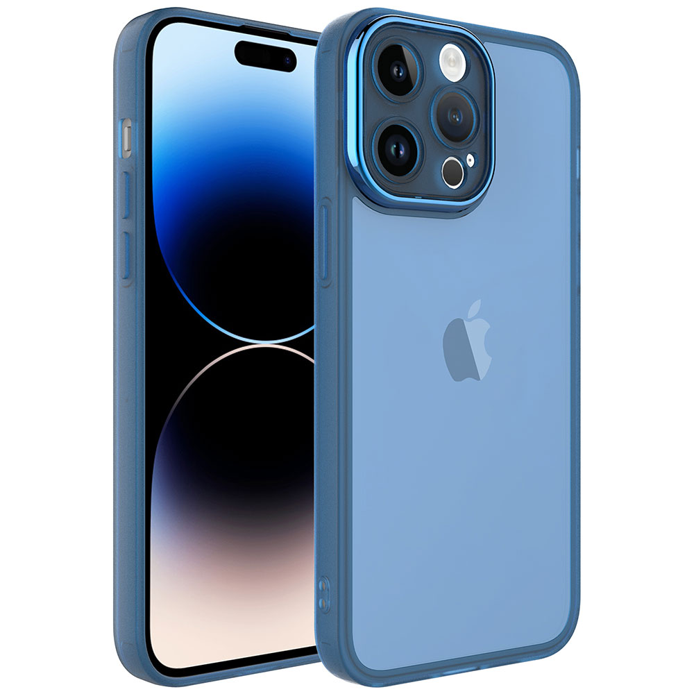 Mavi bir iPhone 14 Pro, beyaz arka plan üzerinde kılıfıyla gösterilmektedir.