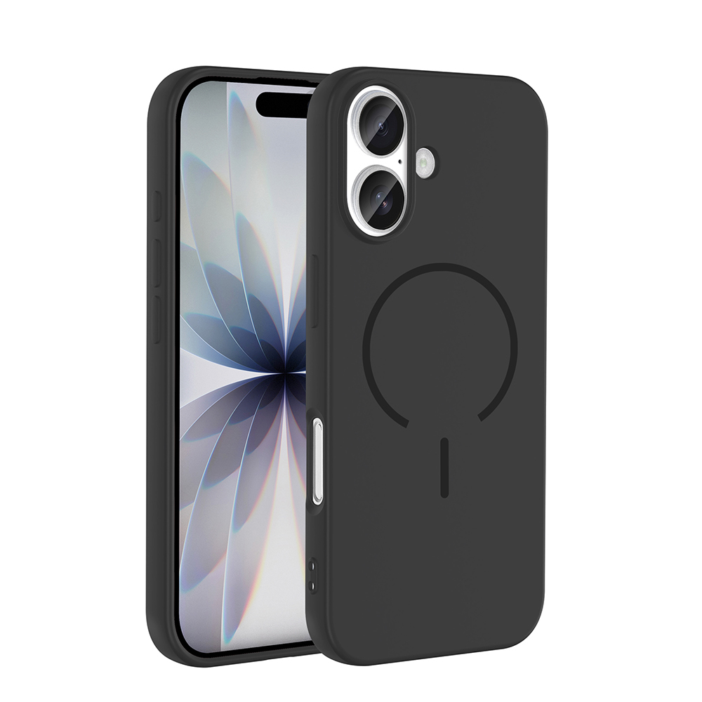 Beyaz arka plan üzerinde MagSafe kılıflı ve kamera oyuntulu siyah telefon.